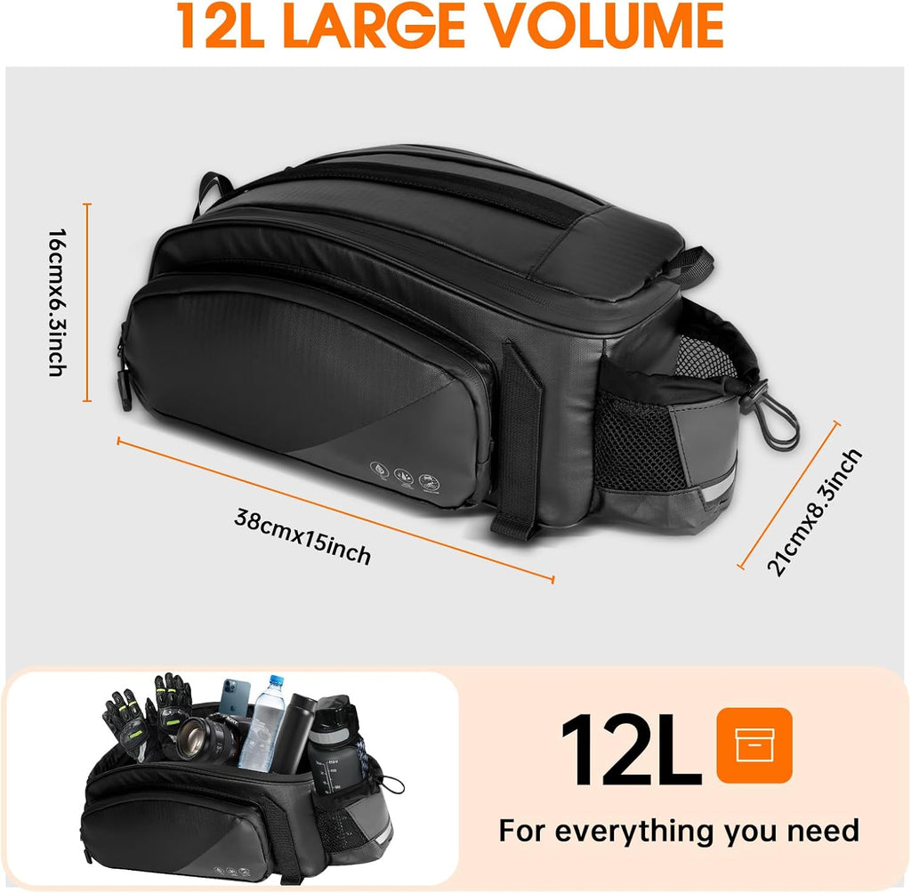 Bike Rack Bag,12L Bike Trunk Bag ,Rear bike rack bag, Multi Pockets Cycling Storage Bag with Water Bottle Holder , Bike Bags for bicycle Rack with Reflective Area & Shoulder Strap for Cycling Trips.