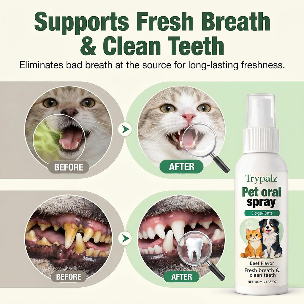 Halpilt Pet Oral Tartar Remover Spray, Trypalz Spray for Dogs & Cat, Plaque & Tartar Remover, Supports Fresh Breath & Clean Teeth, Eliminates Bad Breath for Healthy Gums, Beef Flavor (1)