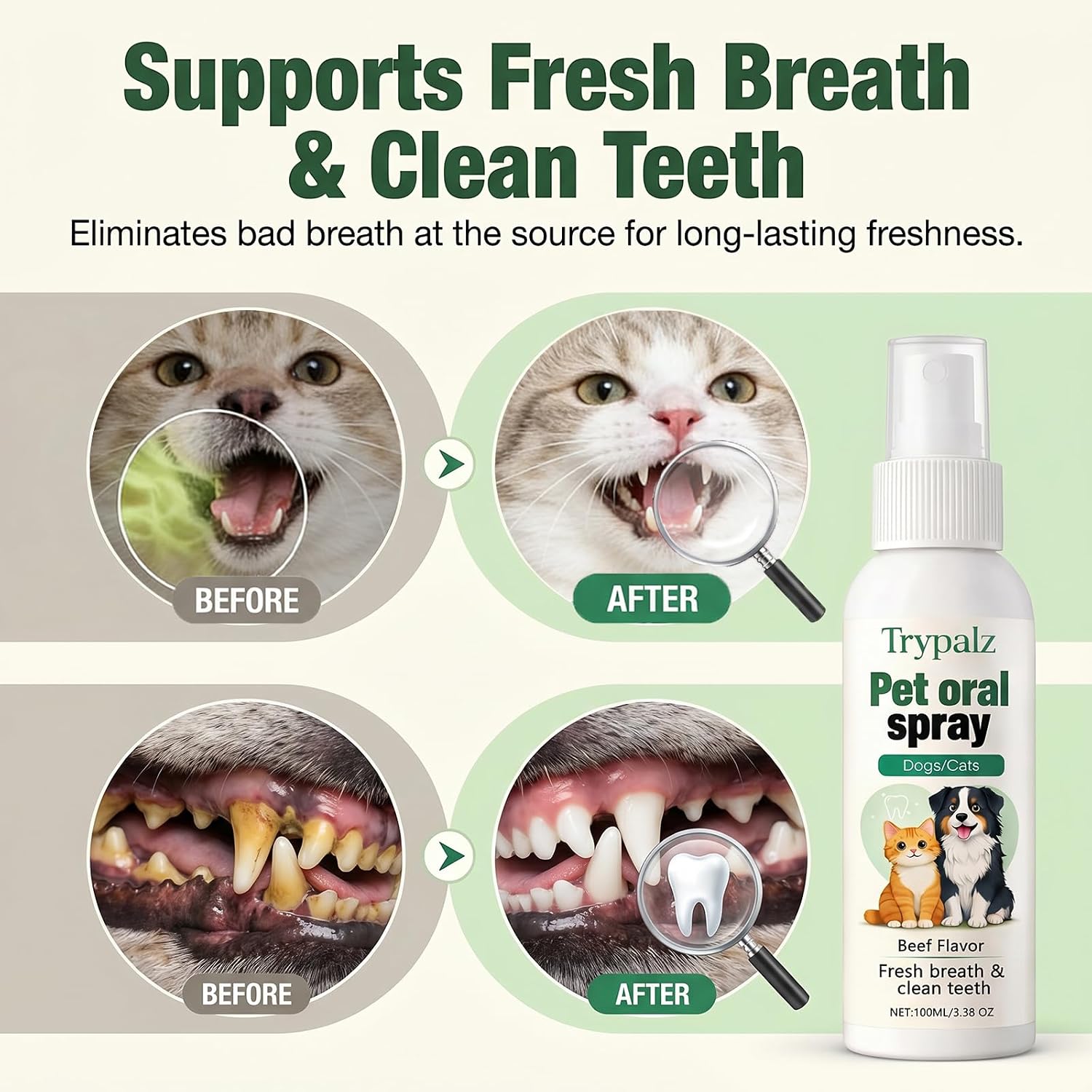 Halpilt Pet Oral Tartar Remover Spray, Trypalz Spray for Dogs & Cat, Plaque & Tartar Remover, Supports Fresh Breath & Clean Teeth, Eliminates Bad Breath for Healthy Gums, Beef Flavor (1)