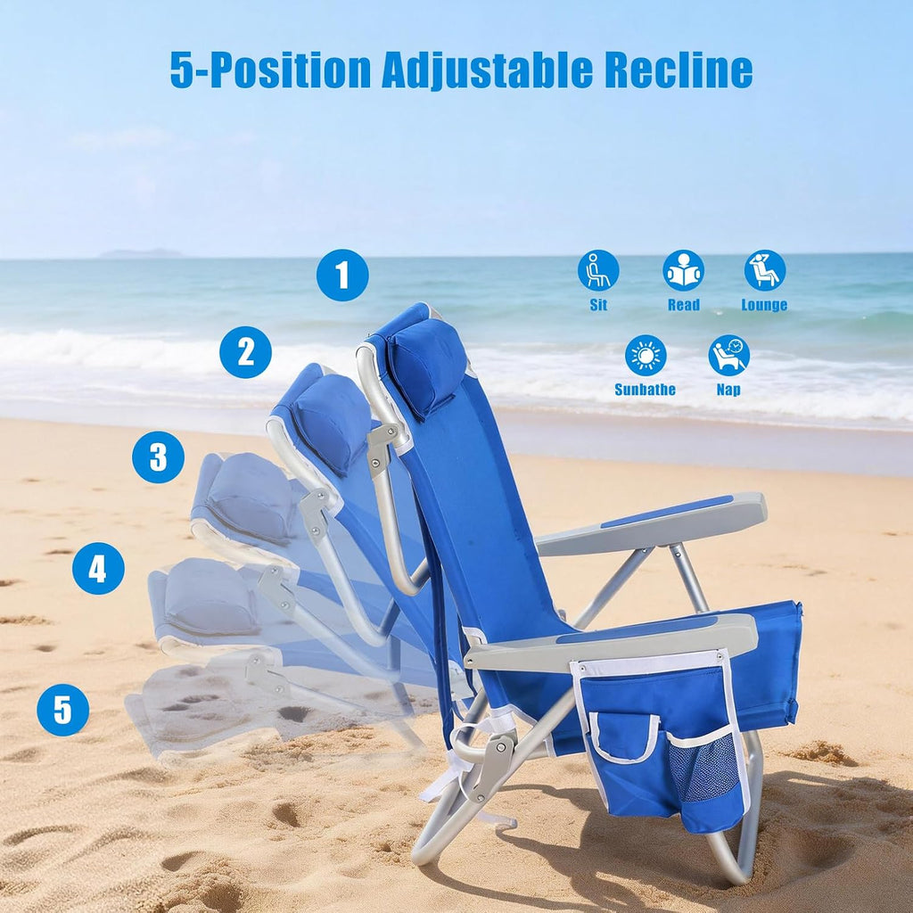 SUNNYFEEL Low Beach Chair, 5-Position Lay Flat Reclining Backpack Chair with Cooler Bag & Cup Holder, Portable Folding Beach Chair for Adults, Heavy Duty 350 LBS, Blue