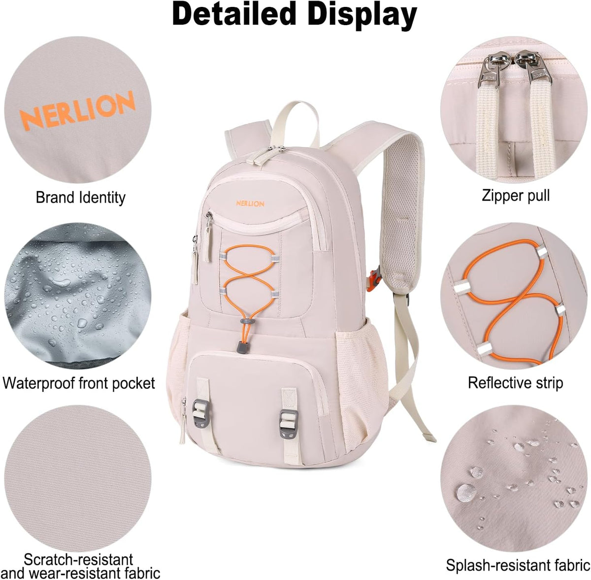 Nerlion 35L Hiking Backpack Travel Backpack for Men Women Camping Waterproof Outdoor Hiking Daypack Lightweight Backpack Beige Orange