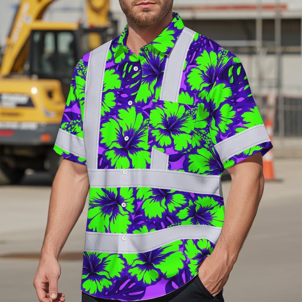High Visibility Hawaiian Shirt for Men Tropical Shirts Custom Name Floral Outfit Reflective Safety Workwear