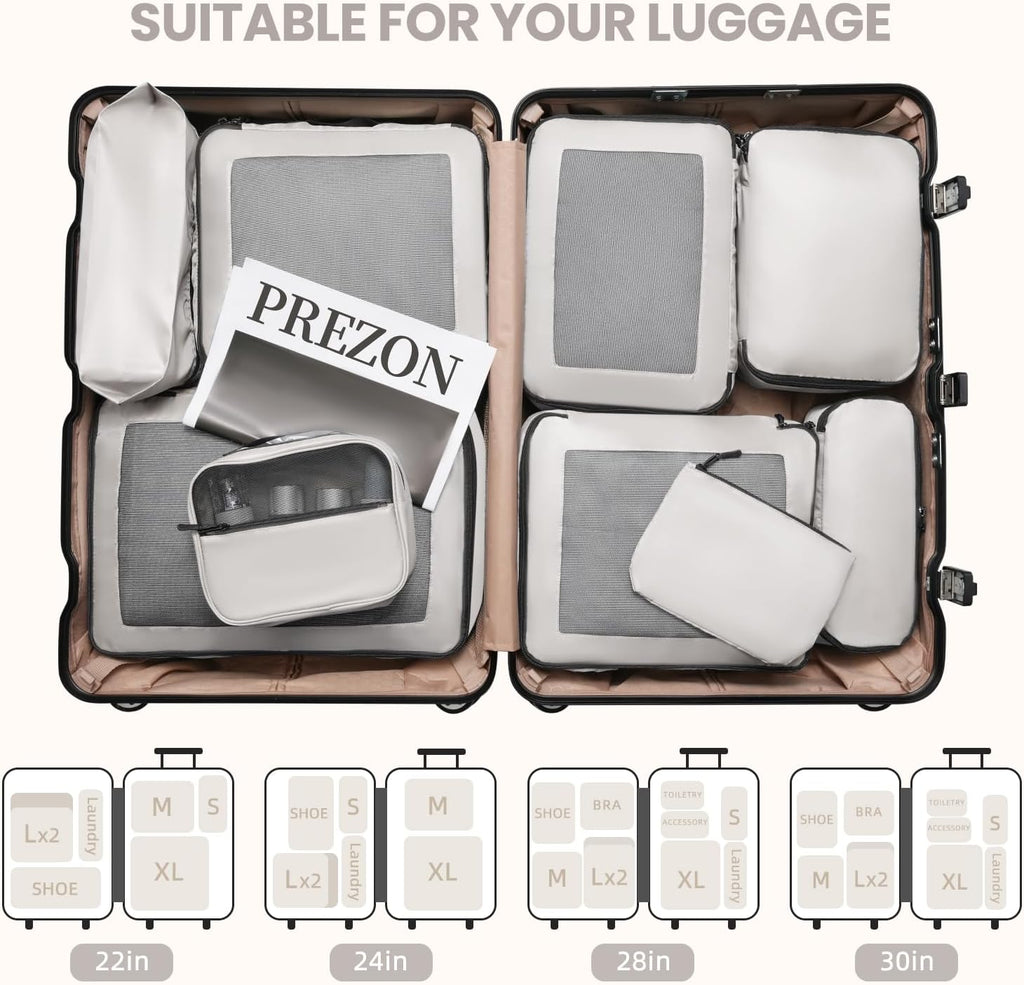 Mesh Packing Cubes for Travel, Durable Luggage Organizer with Sturdy Material and Double Zippers, Comprehensive Set for Travel Accessories Storage, 10 set, cream