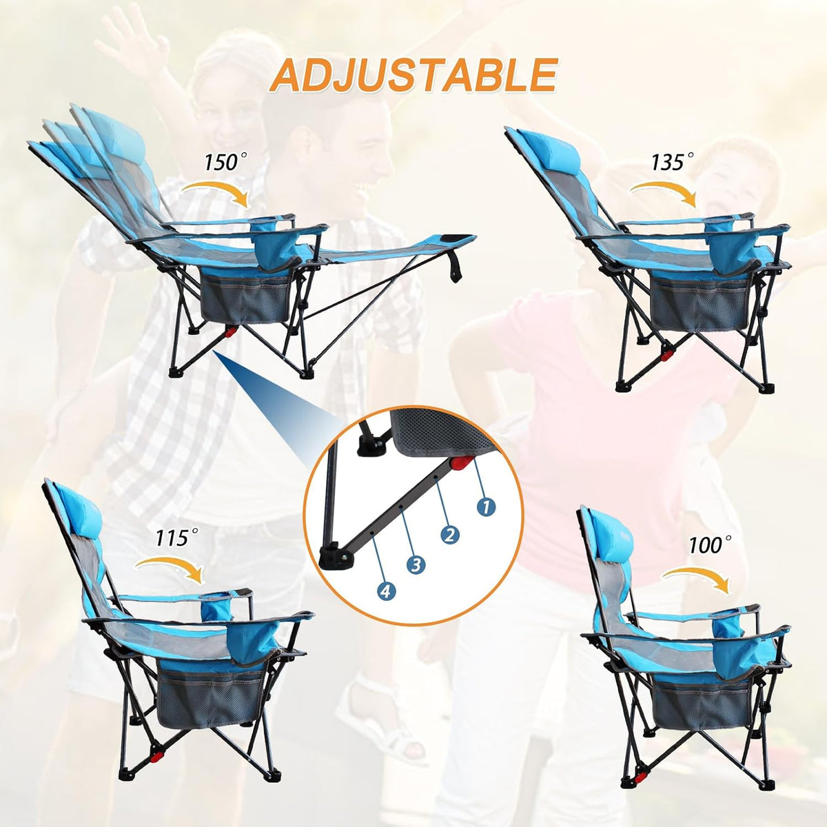 Reclining Camping Chair with Removable Footrest Lounge Chair with Headrest, Cotton Cushion, Portable Adjustable Folding Chairs