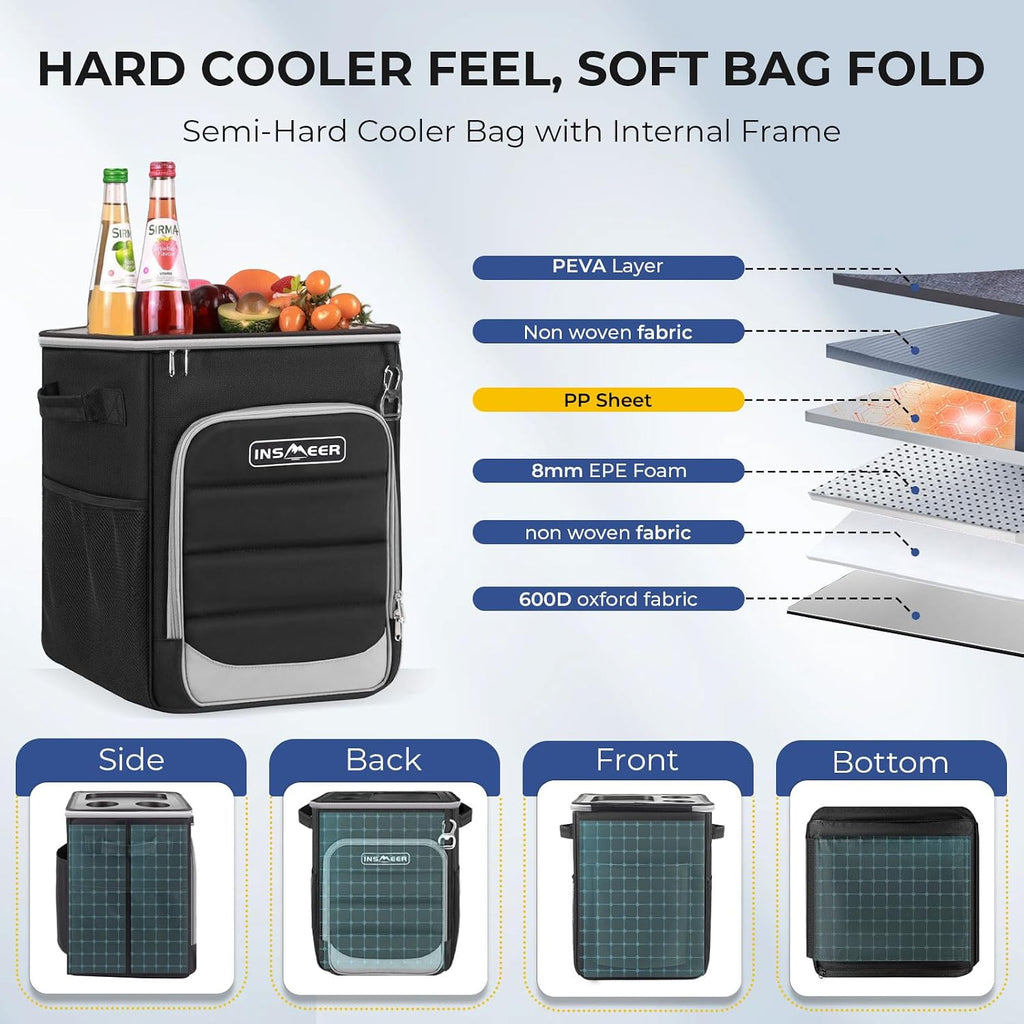 INSMEER 2-in-1 Rolling Cooler with Wheels, 60 Cans Collapsible Soft Sided Cooler on Wheels, Hard Top with 2 Cup Holders, Insulated 100% Leakproof Wheeled Cooler Bag for Beach Camping Outdoor