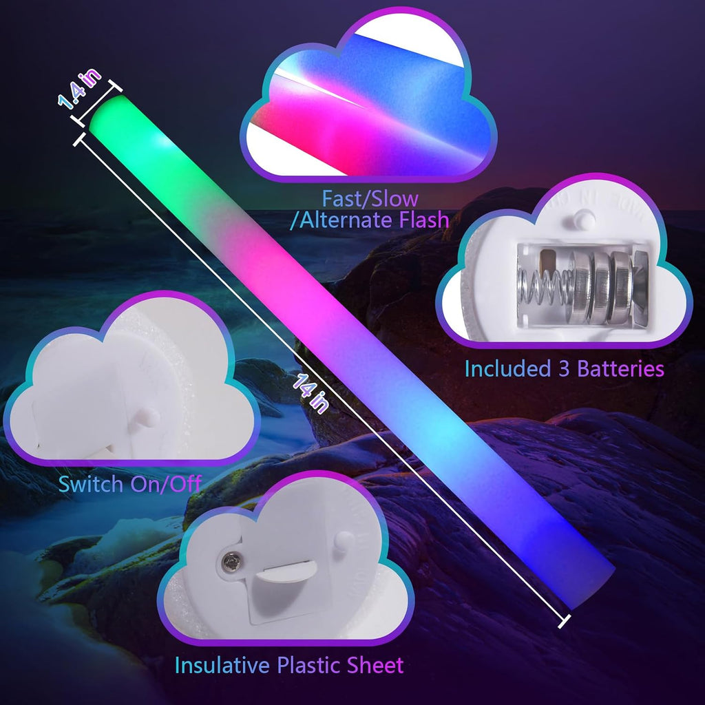wellent 107 PCS LED Foam Glow Sticks Bulk, Glow in the Dark Party Supplies with 3 Modes Colorful Flashing, Neon Party Favors for Birthday, Wedding, Carnival, Concert, New Year