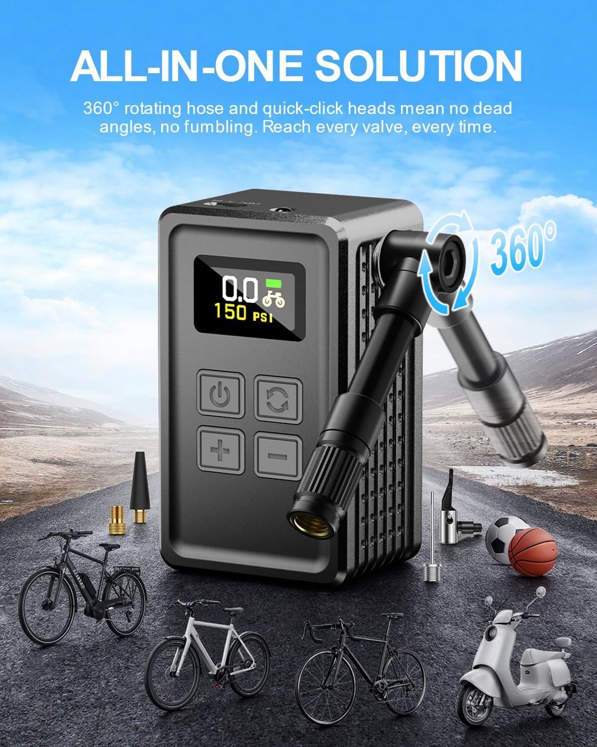 Mini Bike Pump 150 PSI Electric Tire Inflator with Gauge for Bikes