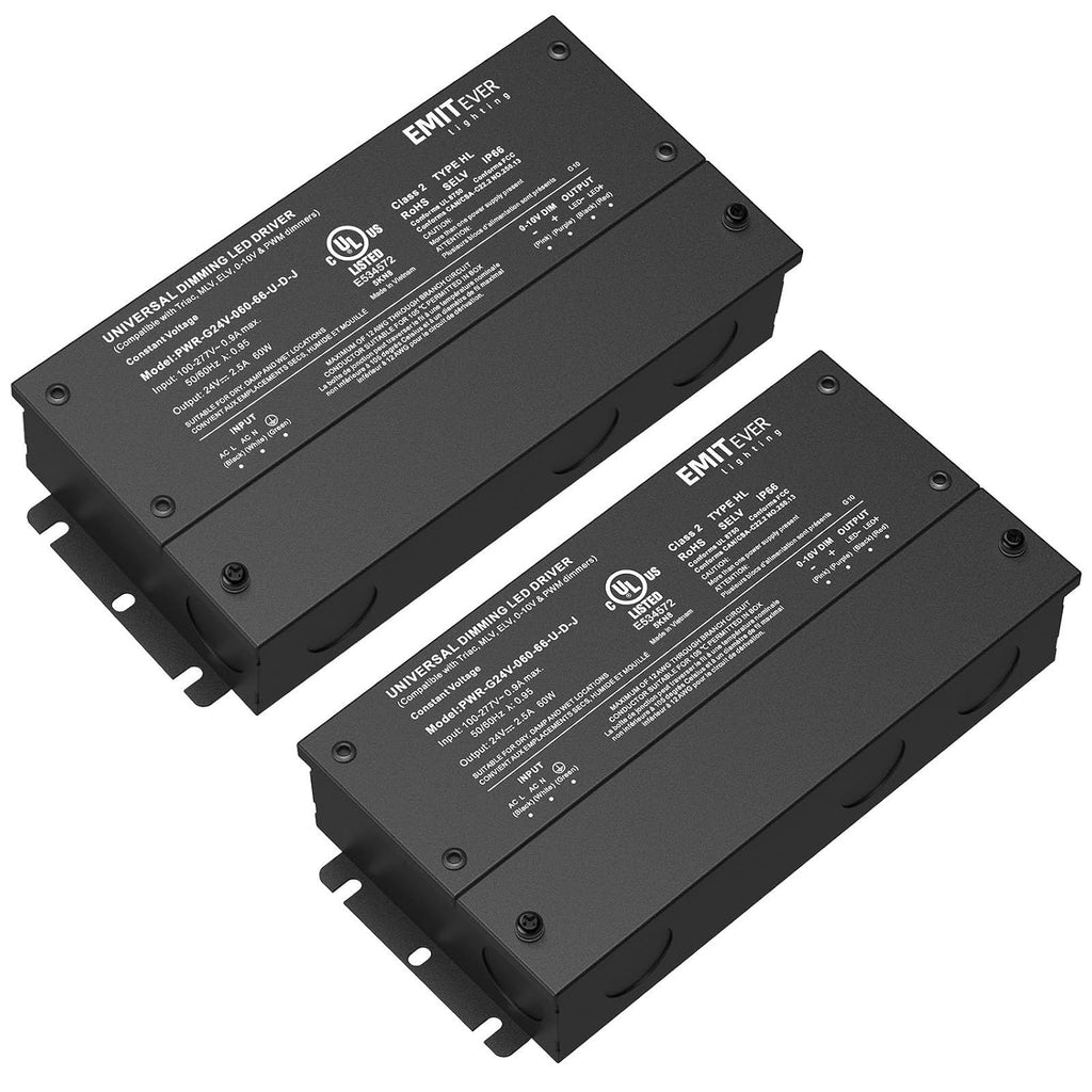 EMITEVER 2-Pack 60W 24V 5-in-1 Dimmable LED Driver, AC 110-277V to DC