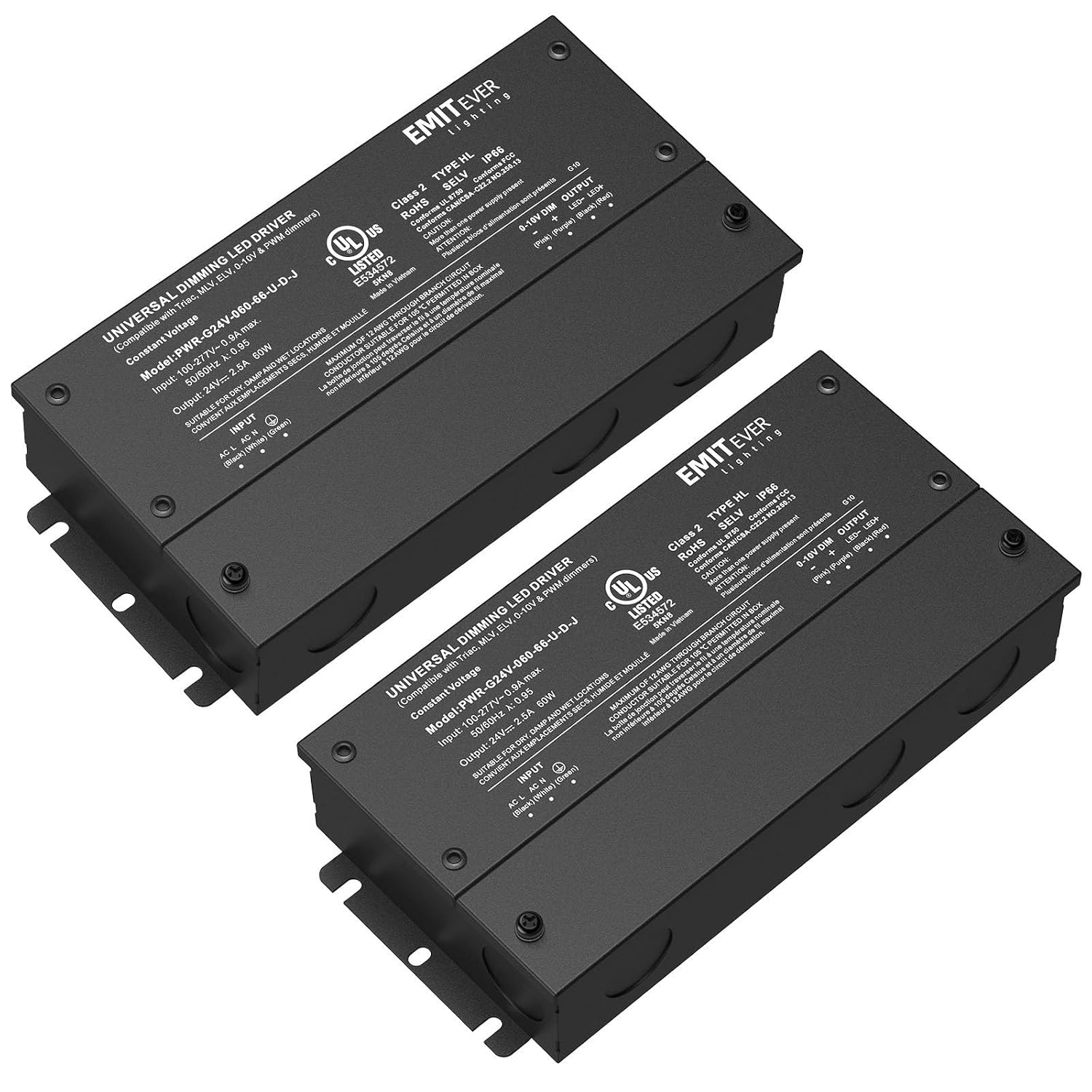 EMITEVER 2-Pack 60W 24V 5-in-1 Dimmable LED Driver, AC 110-277V to DC