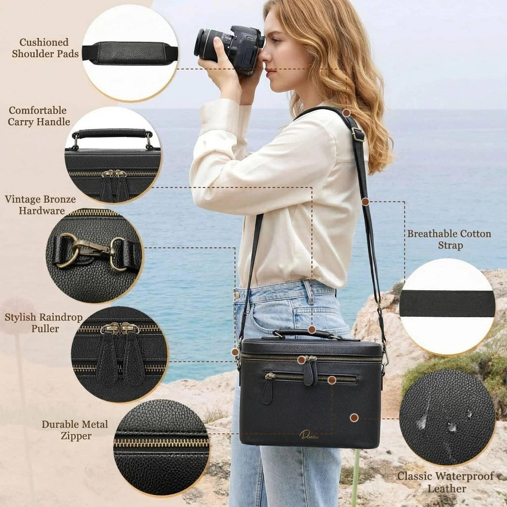 Camera Sling Bag, Waterproof PU Leather Crossbody Camera Case for Photographers, Small Shoulder Bag Compatible for Canon Nikon Sony (Black)