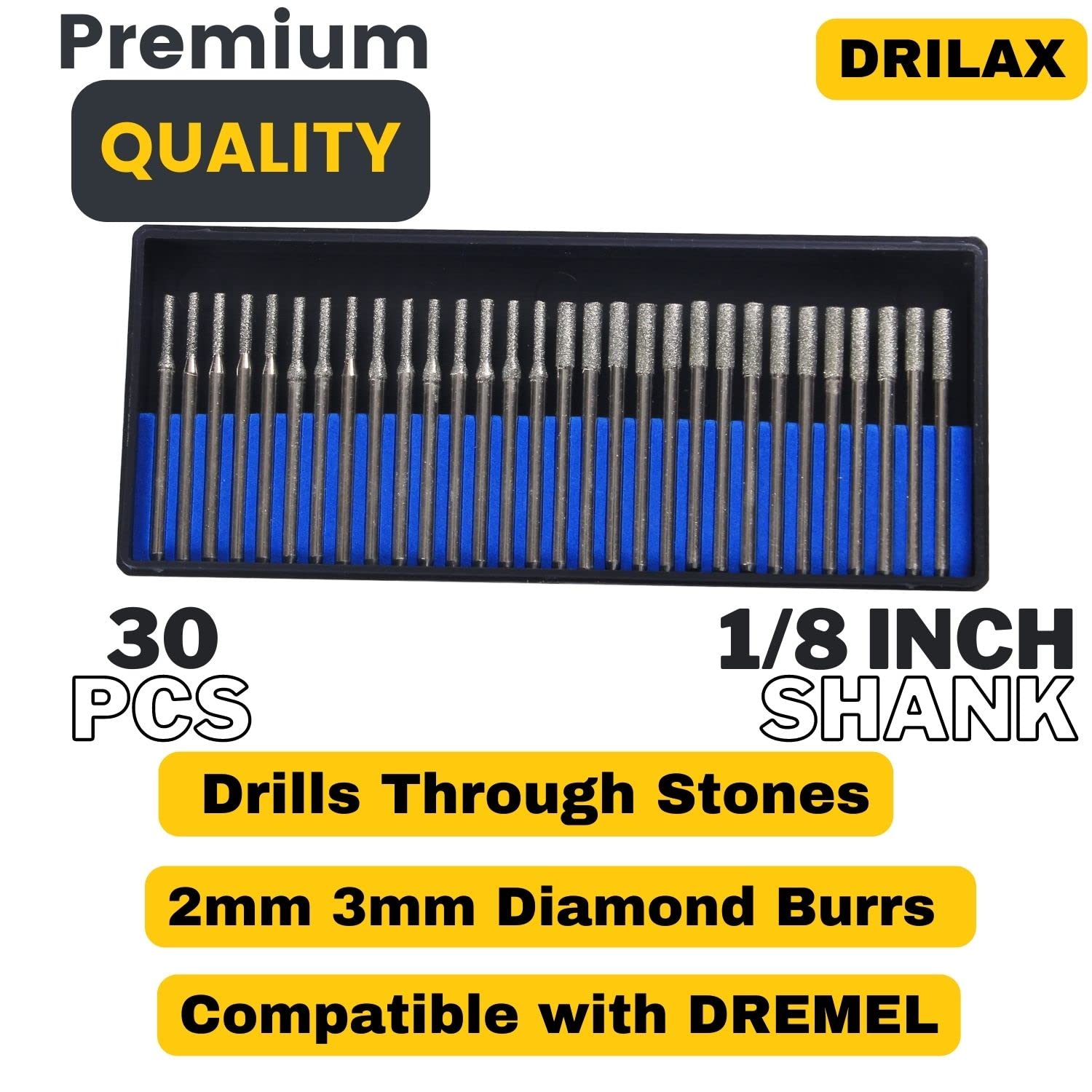 Drilax 30-Pc Diamond Drill Bit Set, 15x 2mm & 15x 3mm, 1/8 Inch Shank Dremel Compatible for Glass, Sea Glass, Gemstones, Ceramic & Lapidary Jewelry Making