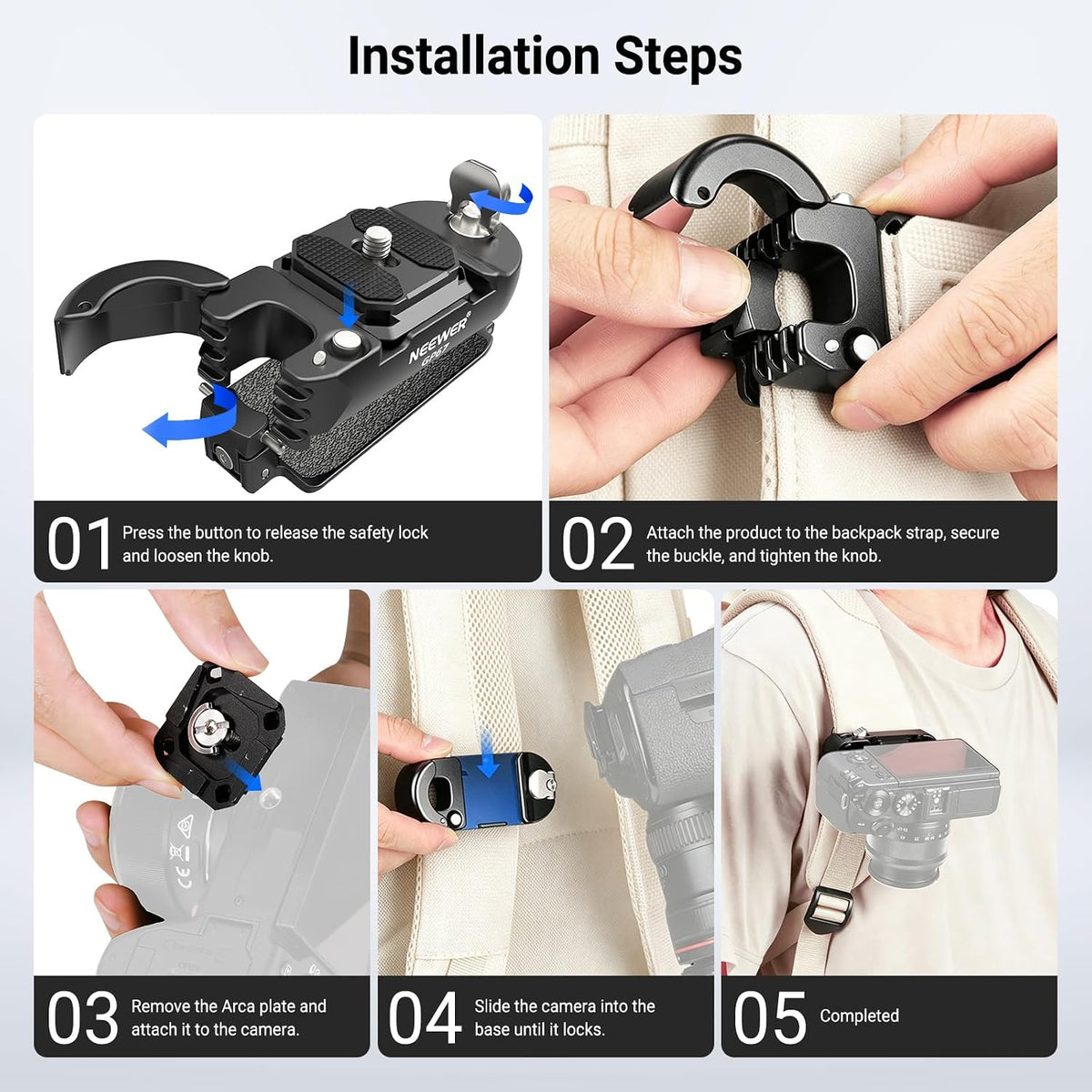 NEEWER Camera Backpack Clip, Quick Release Camera Clip Mount, Compatible with PD System & Arca Type Plate, Secure Locking, 22lb Load for DSLR Mirrorless Cameras
