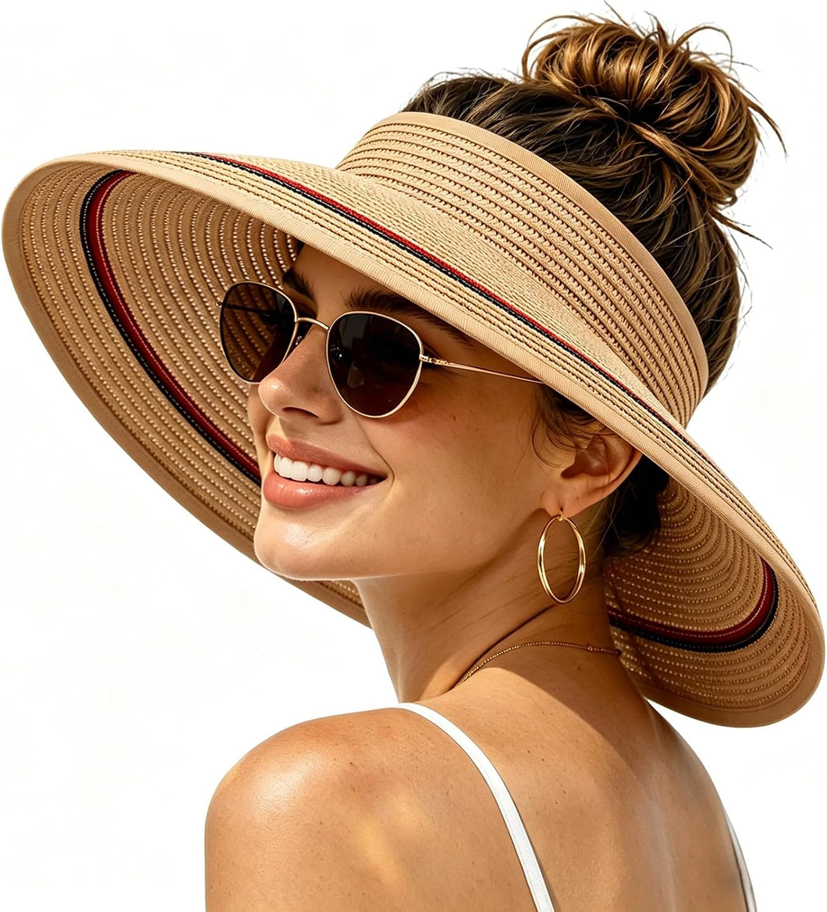 Sun Hats Visor for Women, UV UPF Straw Beach Hat Foldable Wide Brim Ponytail Summer Hats Packable Travel