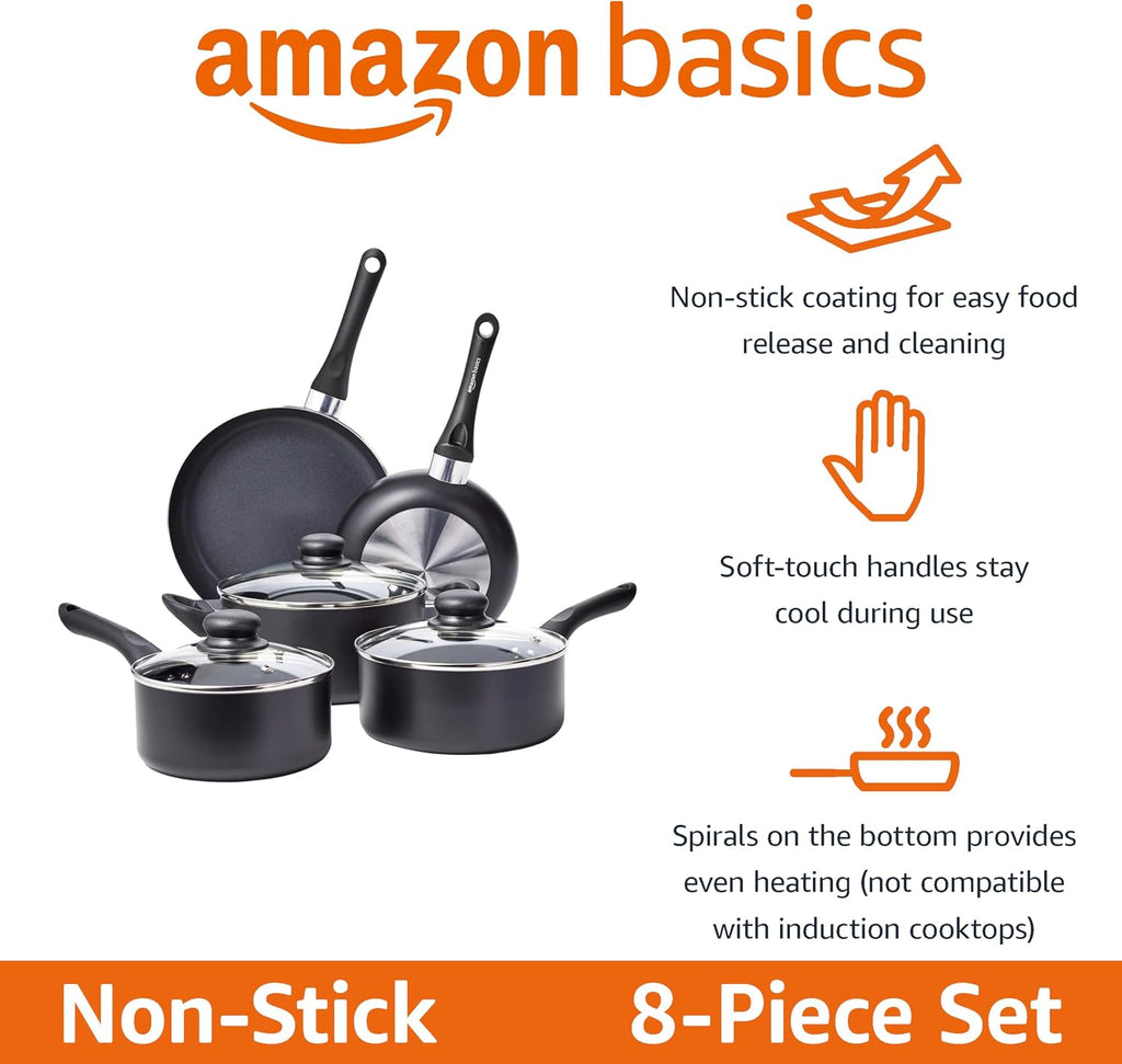 Amazon Basics Non-Stick Kitchen Cookware 8-Piece Set, Non-Induction, Includes Pots and Pans, Black