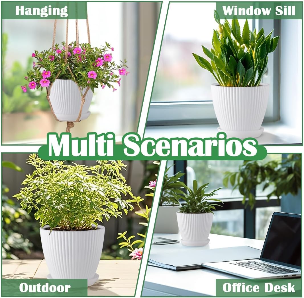 RooTrimmer Multi Size Plastic Plant Pots 6 Pack, Drain Holes, Saucers,White