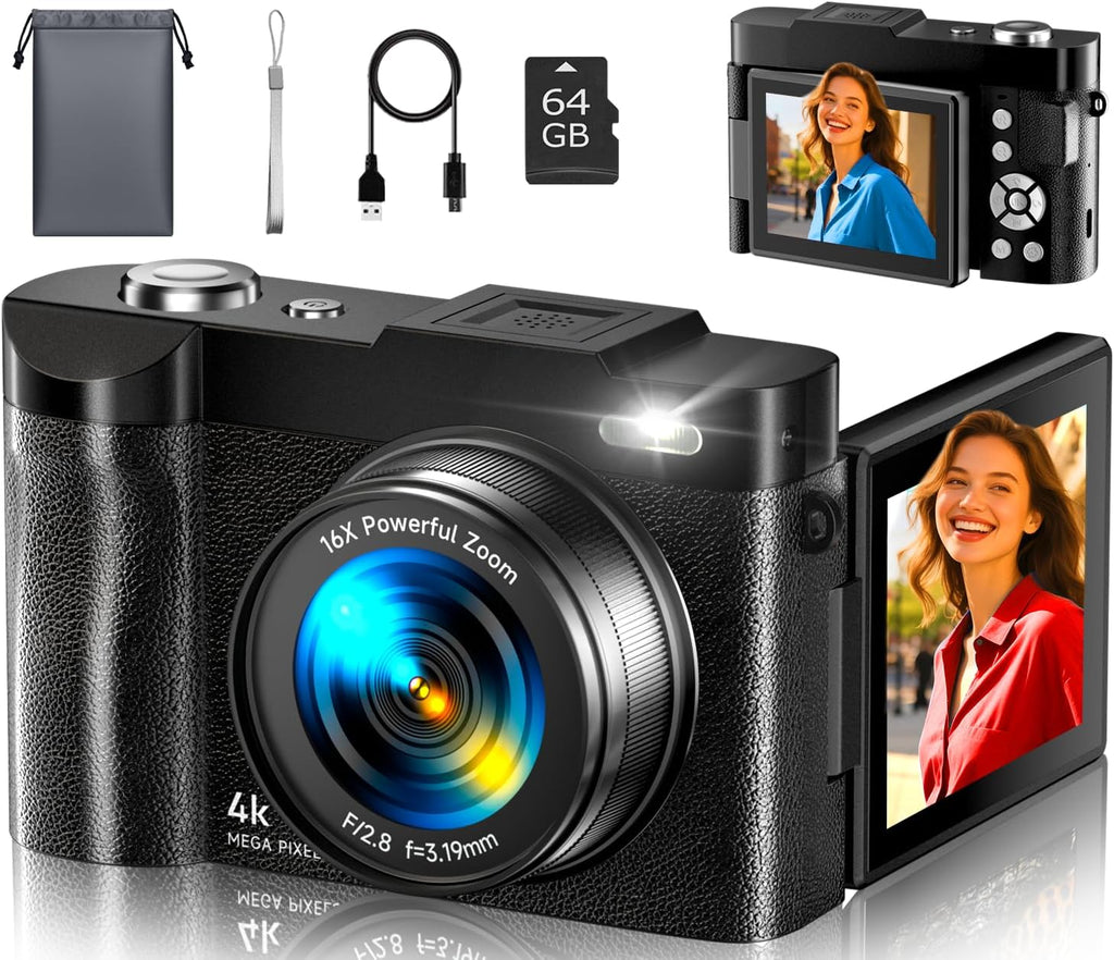 4K Digital Camera for Photography, 50MP Autofocus Point and Shoot Digital Cameras for YouTube, 16X Zoom with 2.8" 180°Flip Screen, Vlogging Camera for Teens & Beginners- 64GB