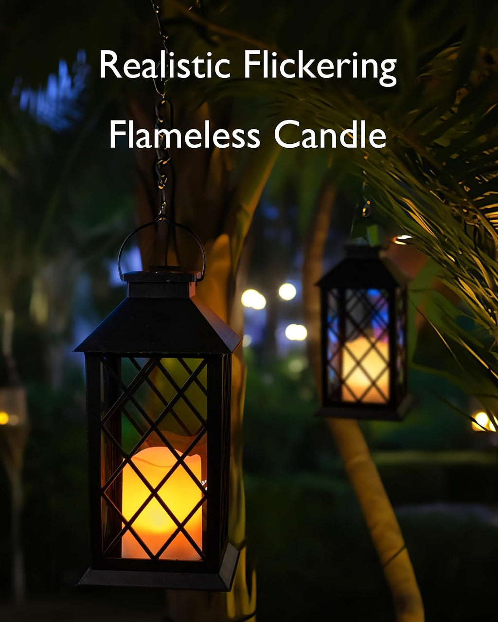 Homemory 2 Pack 13'' Black Solar Lanterns, Flickering Flame Hanging Lights
