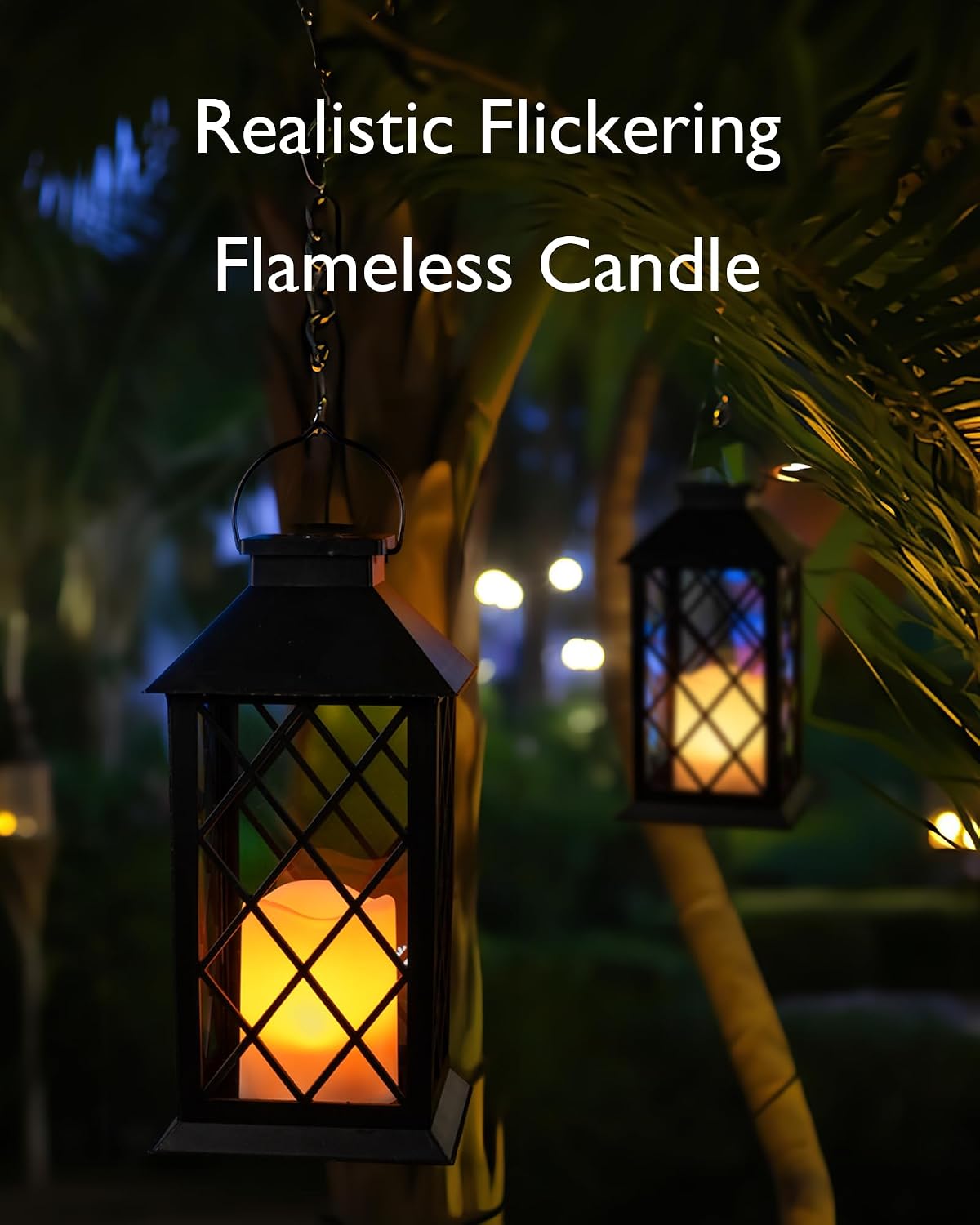 Homemory 2 Pack 13'' Black Solar Lanterns, Flickering Flame Hanging Lights