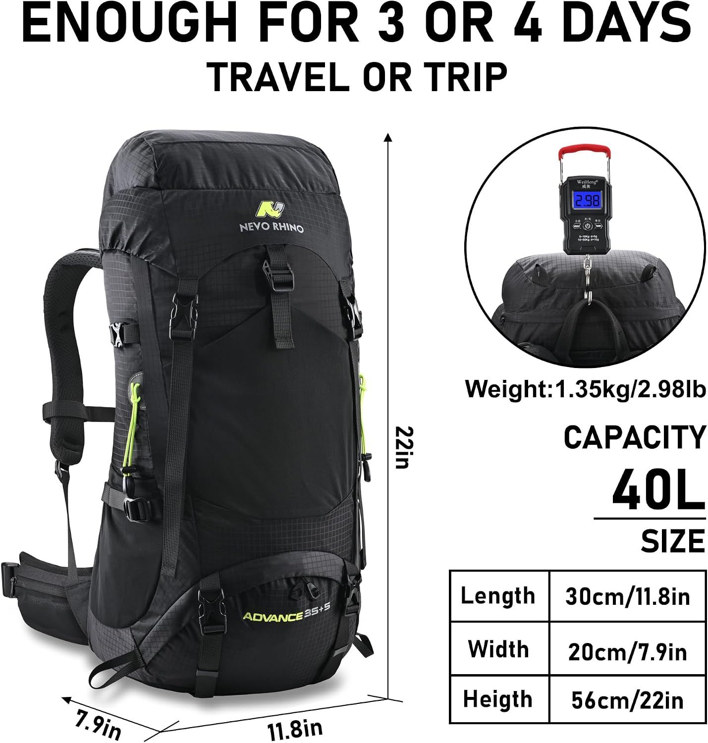 N NEVO RHINO 40L Internal Frame Hiking Backpack with Rain Cover
