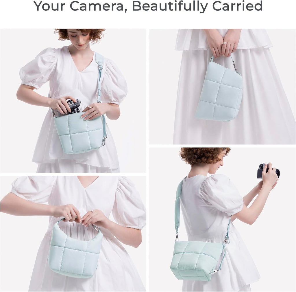 Comfyable Puffy Camera Bag, Soft Pillow Camera Bag with Shoulder Strap, Water-resistant Cute Compact Shooting Purse for Mirrorless DSLR SLR Women and Men, Ice Blue