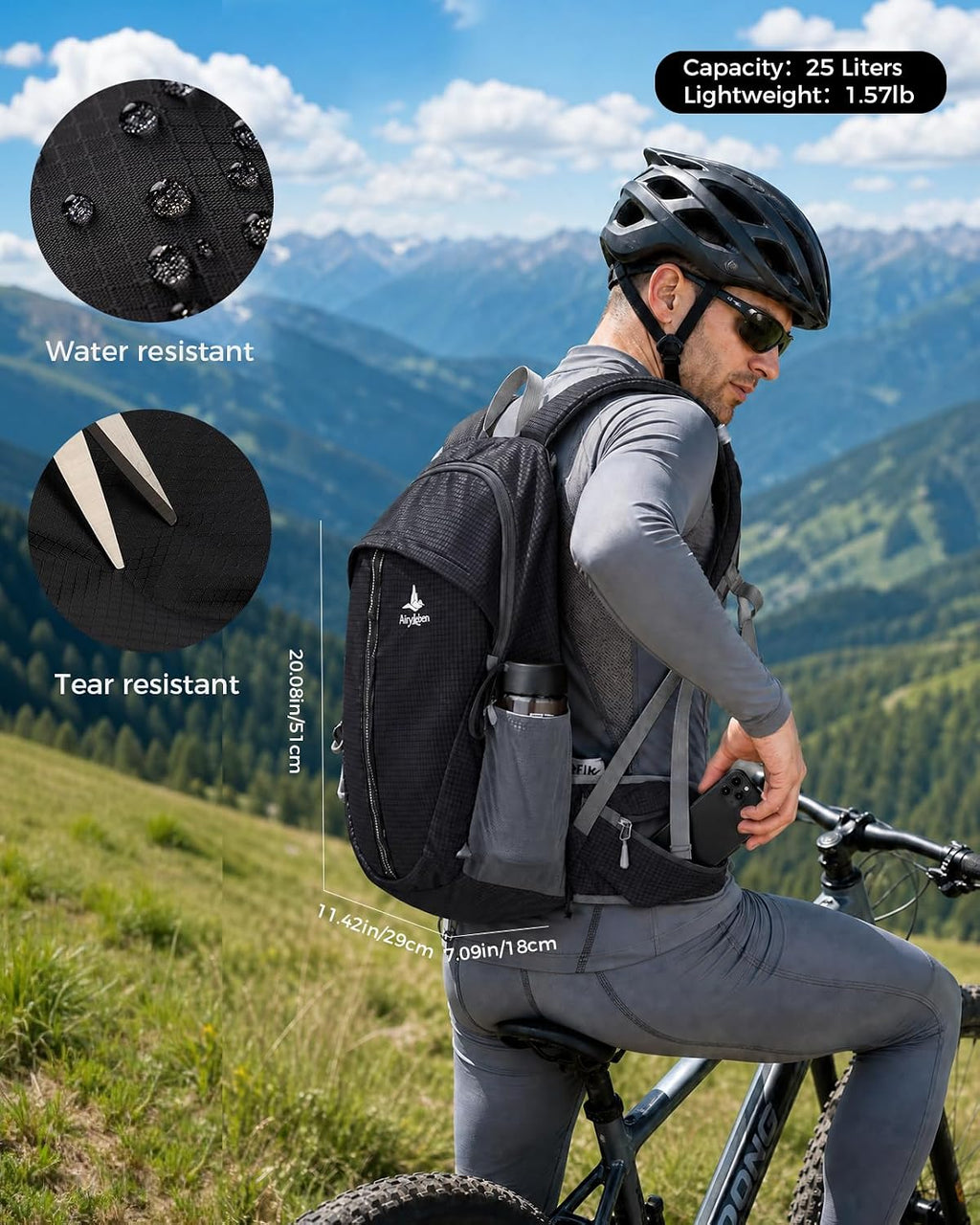 25L Hiking Backpack for Women Men, Lightweight Travel Day Pack, Black