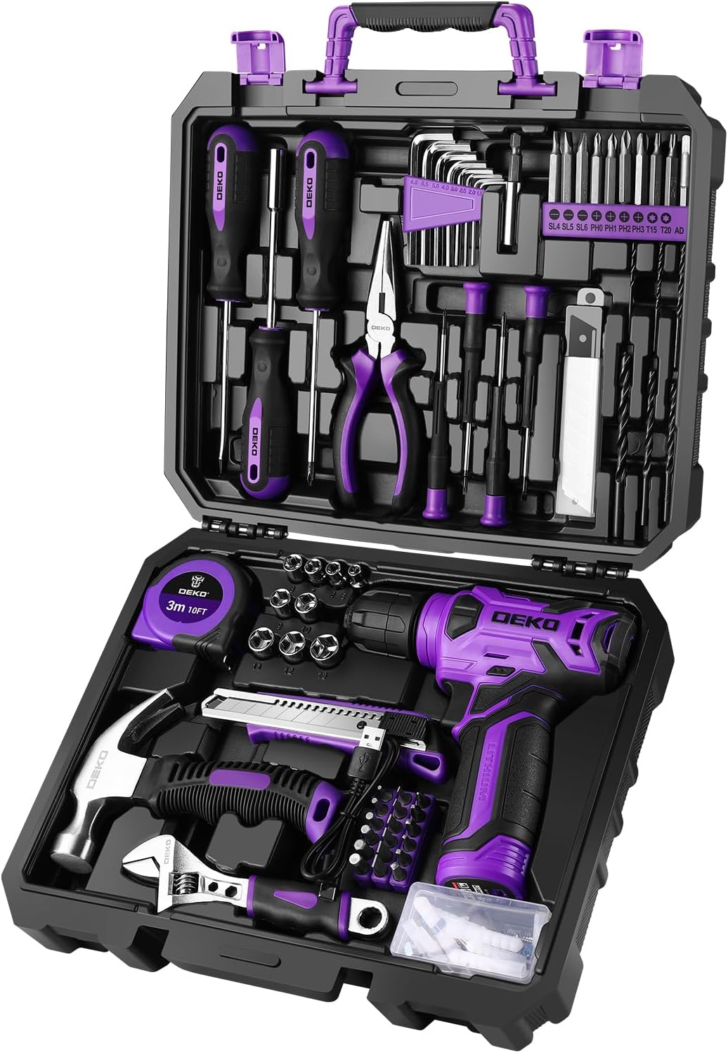 DEKOPRO Tool Set: Tool Kit with 8V Cordless Drill, Hand Toolbox with storage case, Tool set for Home Repairs 126 Piece, Purple