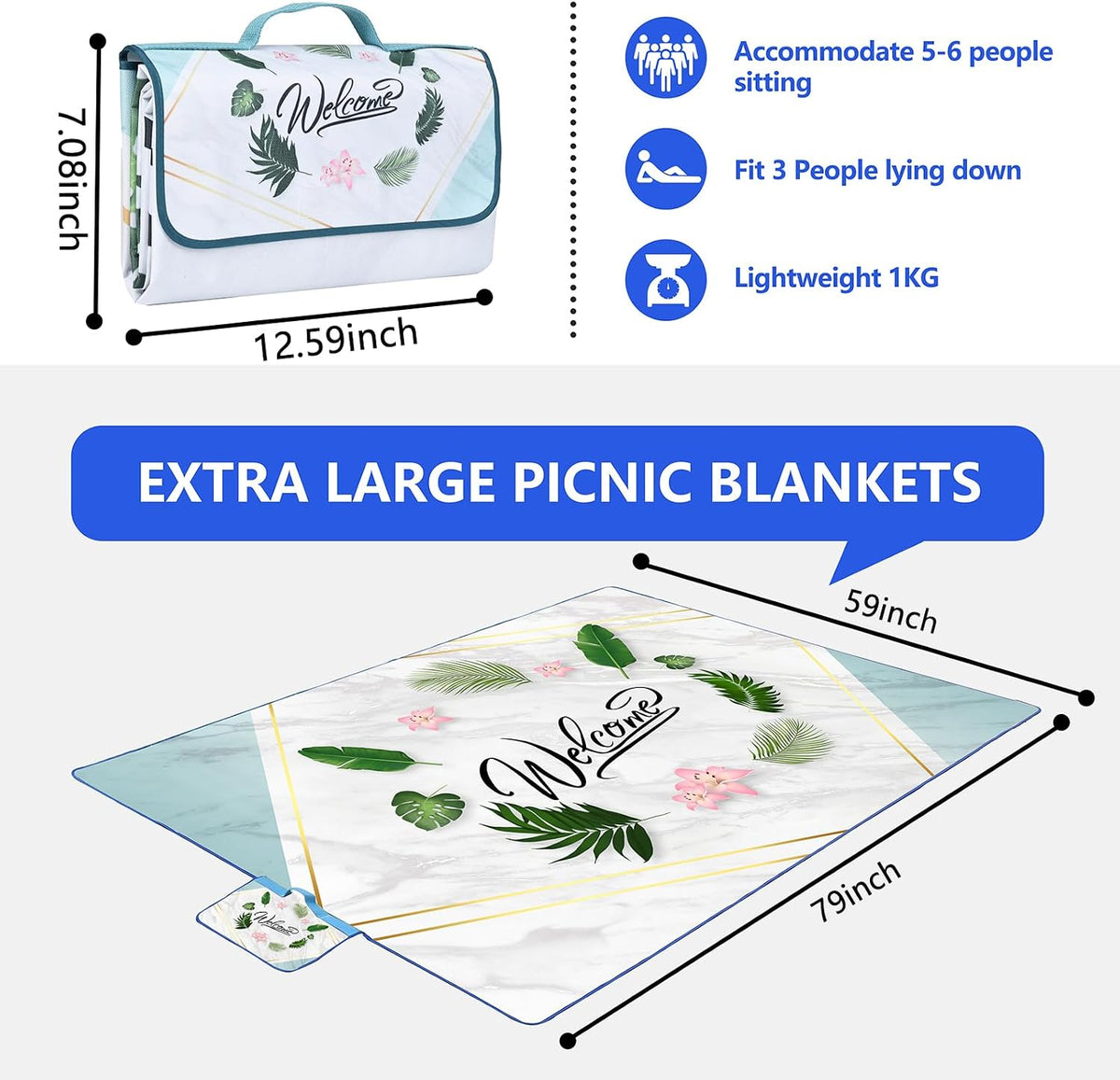 DanCoom Picnic Blanket, Foldable Waterproof Sand Mat, Extra Large Picnic Blanket Outdoor Picnic Mat Beach Blanket for Park Grass Camping Hiking Travel Family Concerts