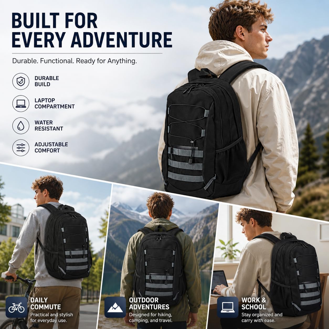 Hiking Travel Backpacks Men and Women, Lightweight Waterproof Laptop Backpack Outdoor Camping Backpack Hiking Daypack for Travel, Trekking, Work 26L (Black)