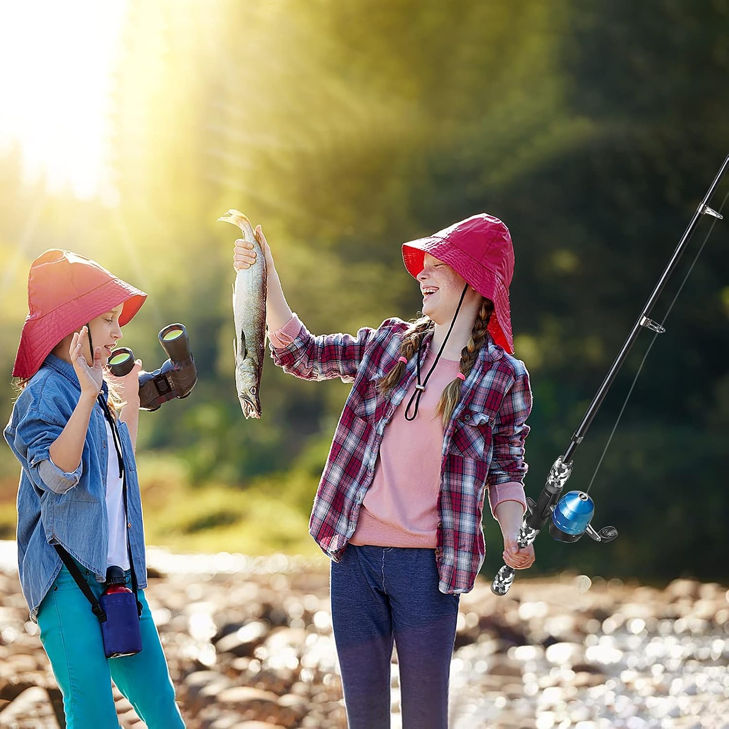 PLUSINNO Kids Fishing Pole with Spincast Reel Telescopic Fishing Rod Combo Full Kits for Boys, Girls, and Adults