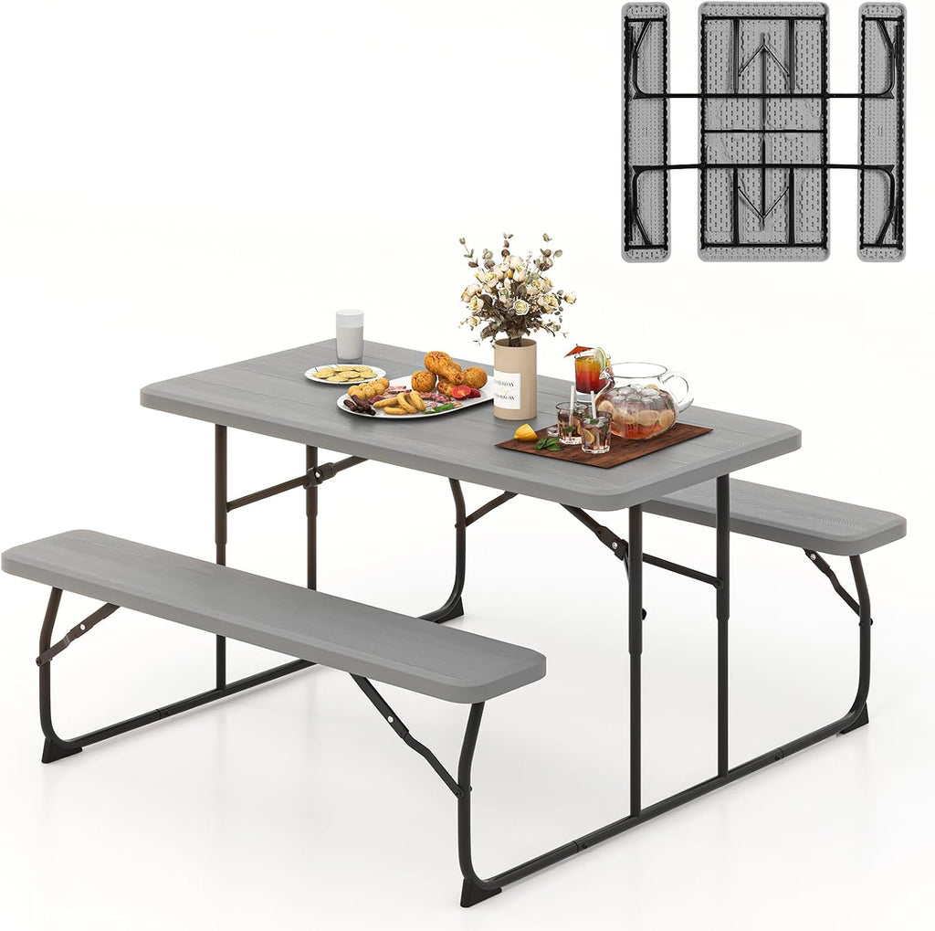 Tangkula Folding Picnic Table with 2 Benches, Outdoor Metal Camping Table Set with Plastic Wood-Like Texture Tabletop & Steel Frame, Foldable Camping Table for Picnic, Party, BBQ (Black)