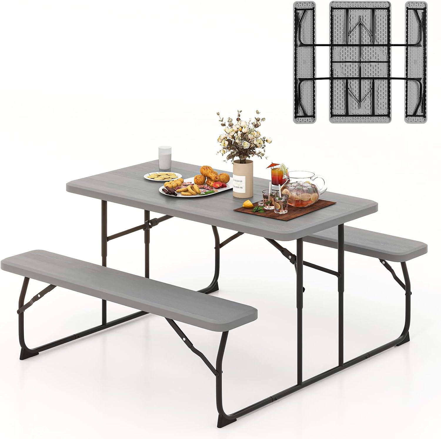 Tangkula Folding Picnic Table with 2 Benches, Outdoor Metal Camping Table Set with Plastic Wood-Like Texture Tabletop & Steel Frame, Foldable Camping Table for Picnic, Party, BBQ (Black)