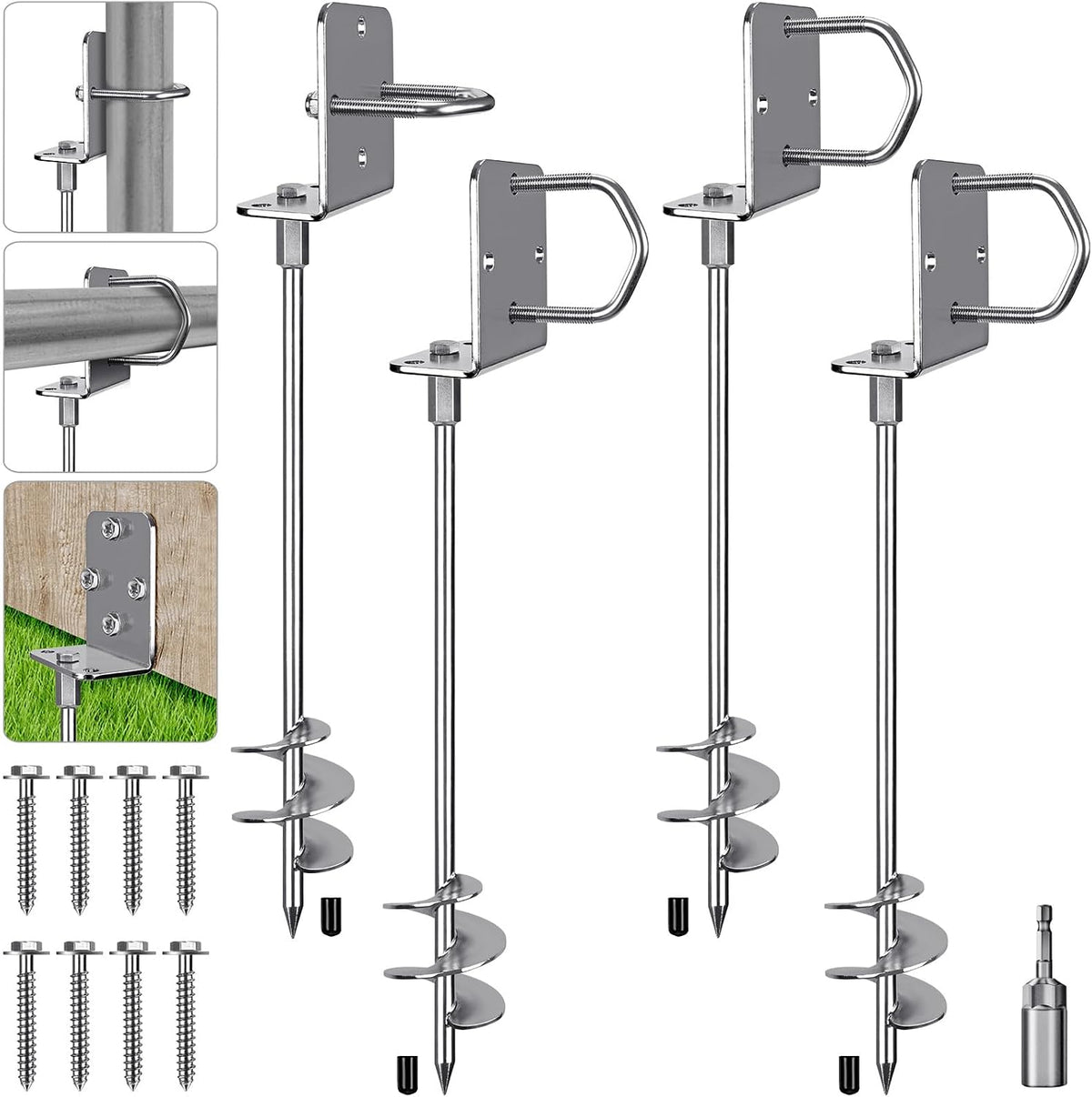 30" Screw In Ground Anchors, Heavy Duty Anchor Kit, 4 Pack