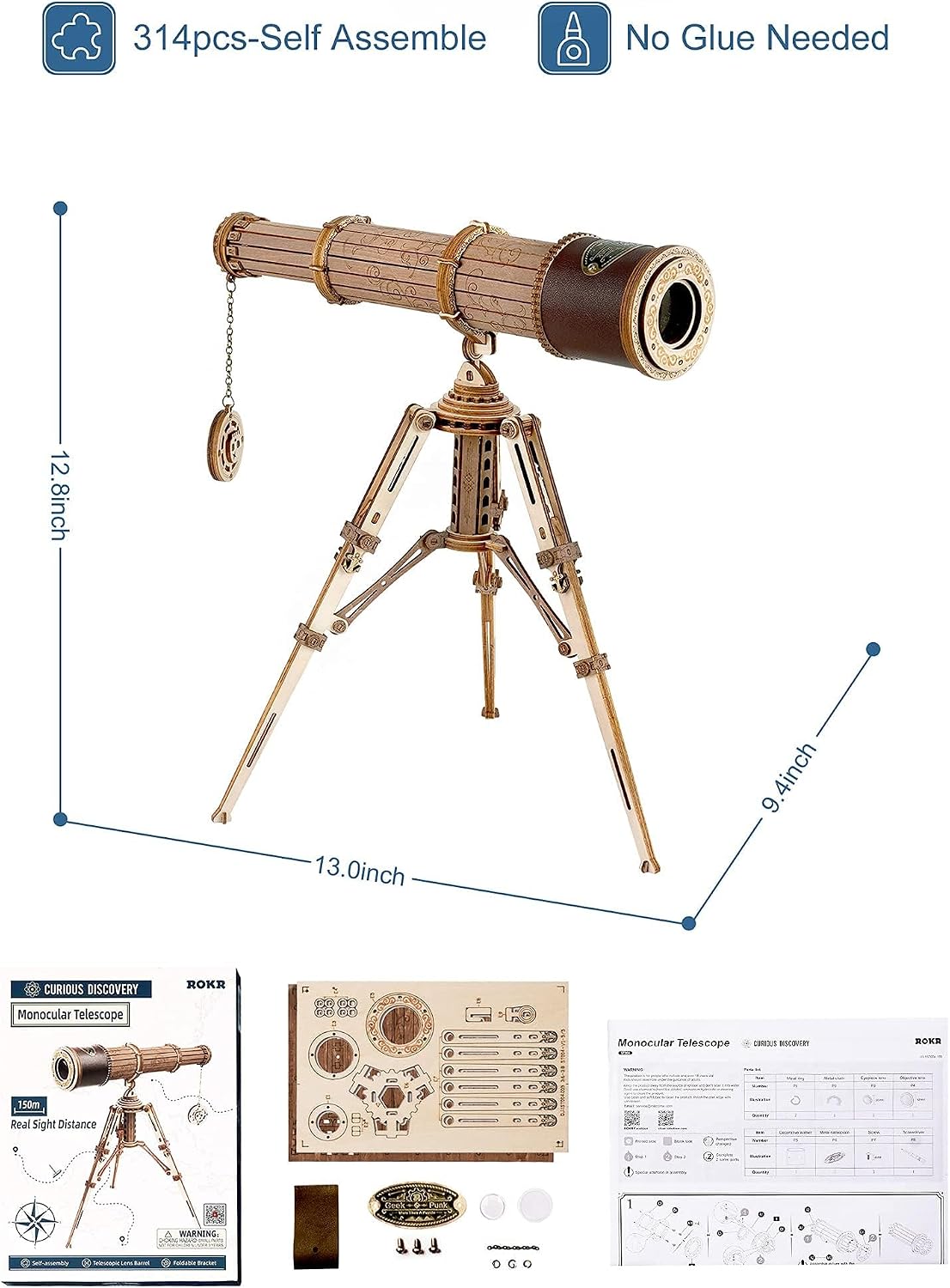 ROKR 3D Puzzles for Adults Wooden Telescope Building Model Kit with Tripod for Adults -3X Magnification Science Kit Gifts for Adult