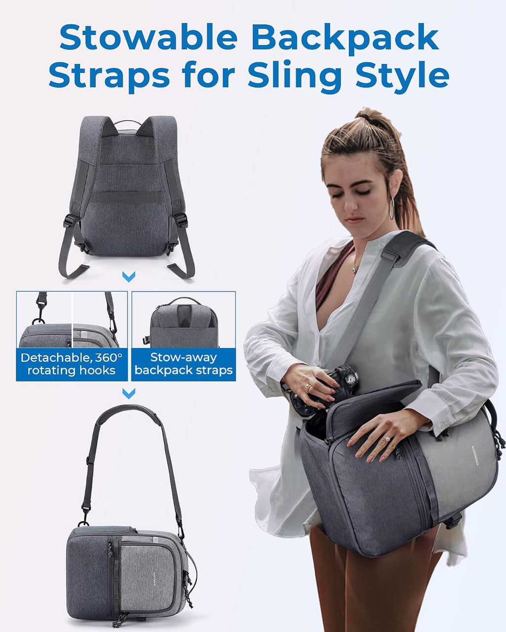 BAGSMART 2 in 1 Small Camera Backpack for DSLR, Fits 12.9" iPad, Gray