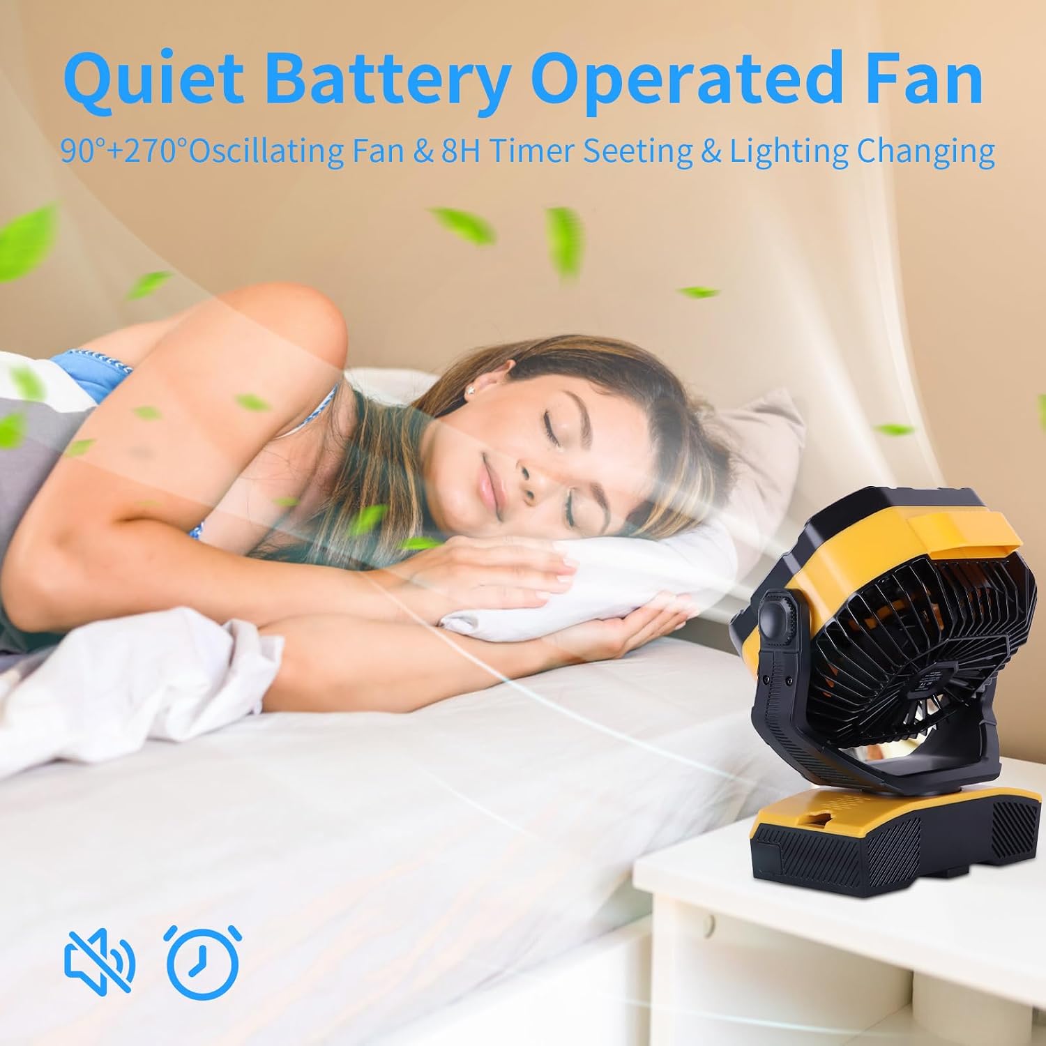 WESTTREE Camping Fan 20000mAh Rechargeable Battery Operated fan Outdoor Tent Fan with Light & Hook 270° Pivot, knob Speeds, Personal fan USB Desk Fan for Camping Power Outage Yellow X68