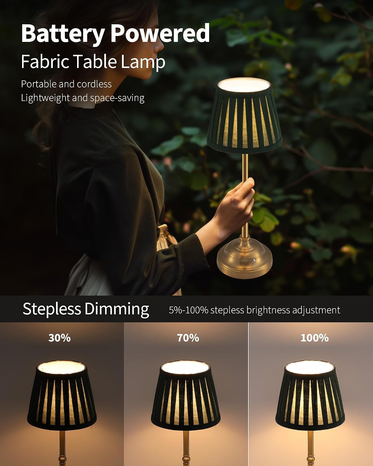 KDG Gold Cordless LED Table Lamps Set of 2, Green Fabric Shade Desk Lamps