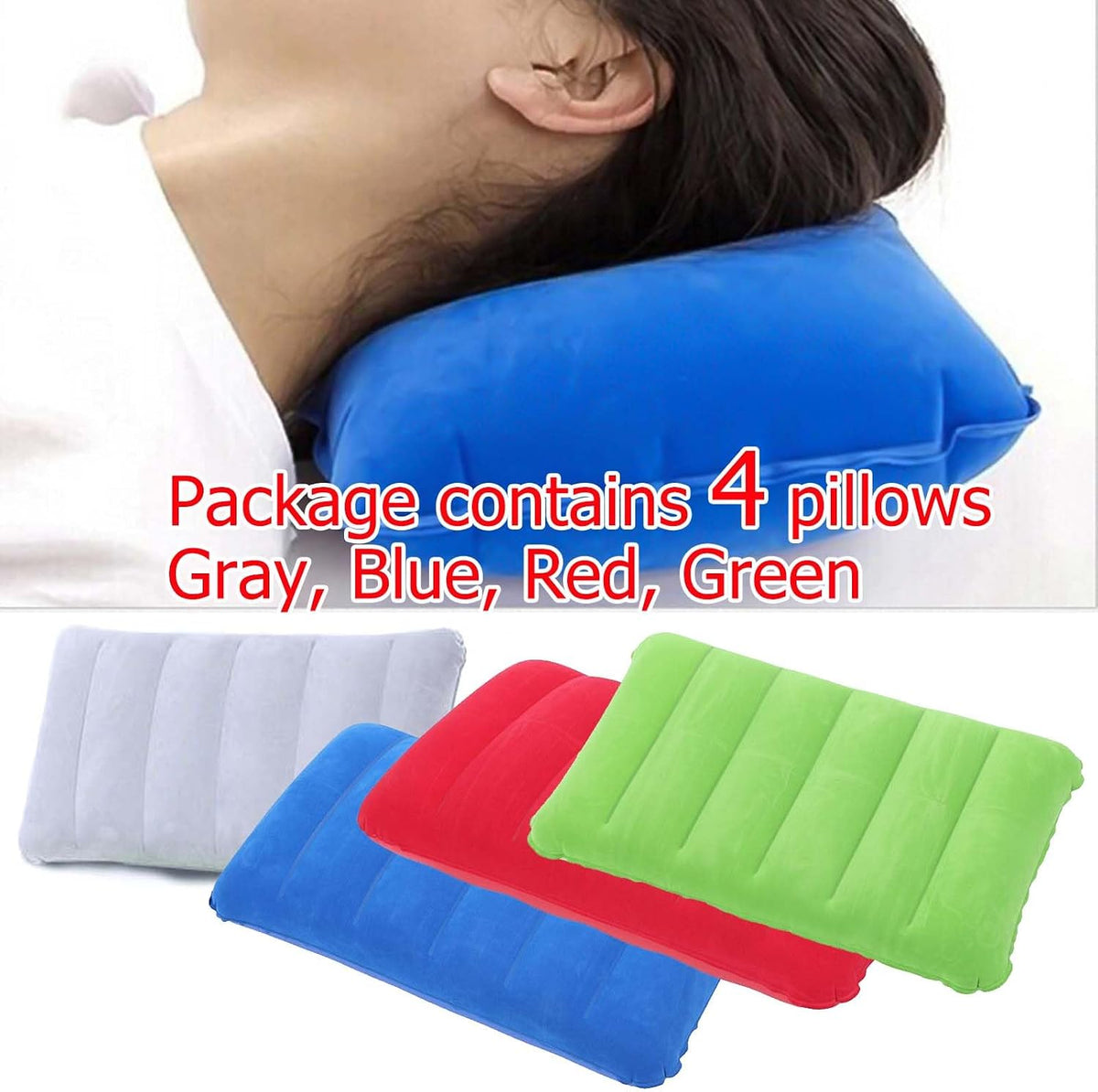 4Pack Ultralight Inflatable Travel Pillow, Small Squared Flocked Fabric Air Pillow for Traveling, Holiday Trip, Hiking, Camping,Napping,Neck Lumbar Support, 16.5 in x 10.5 in (Gray,Blue,Red,Green)