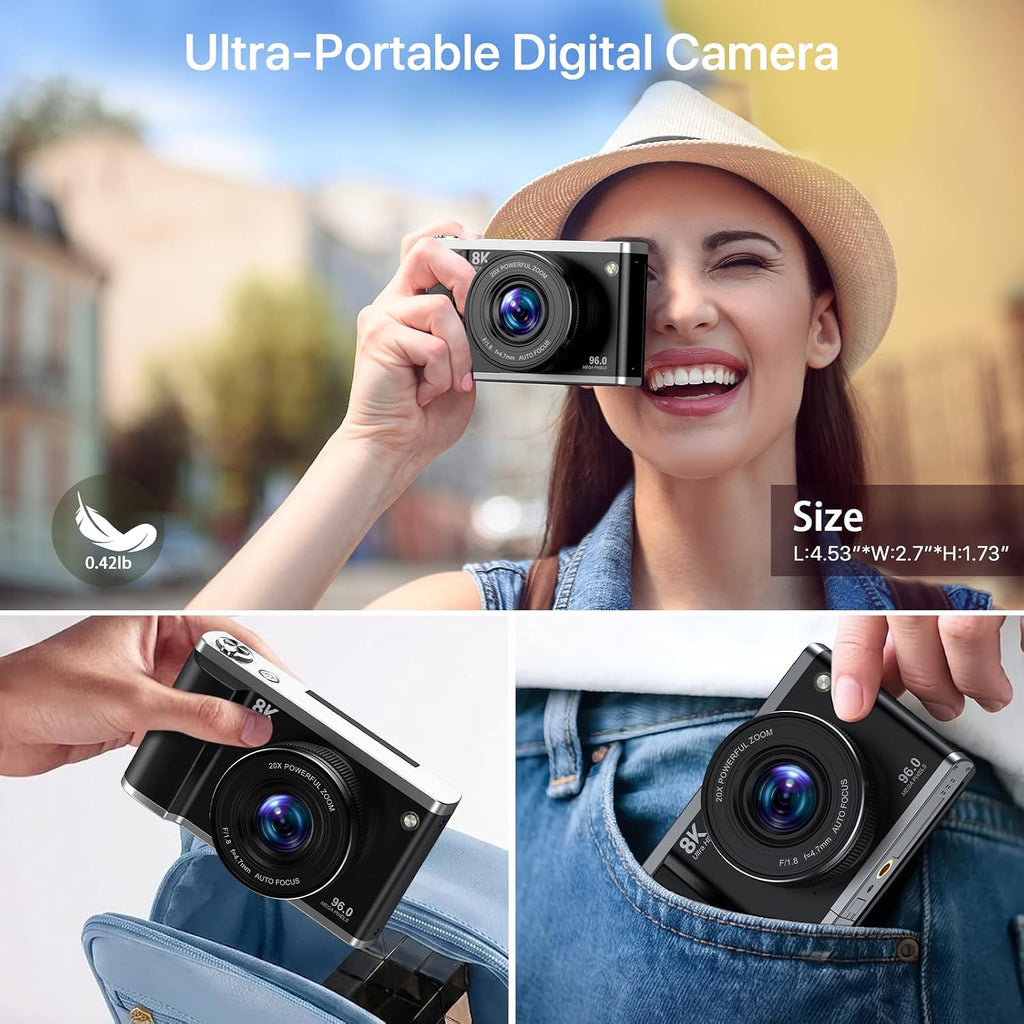 8K Digital Camera for Photography with WiFi 96MP Autofocus Vlogging Camera for YouTube Video 3.5'' 180°Flip Screen 20X Zoom Anti-Shake Compact Point and Shoot Cameras for Beginner Creator with SD Card