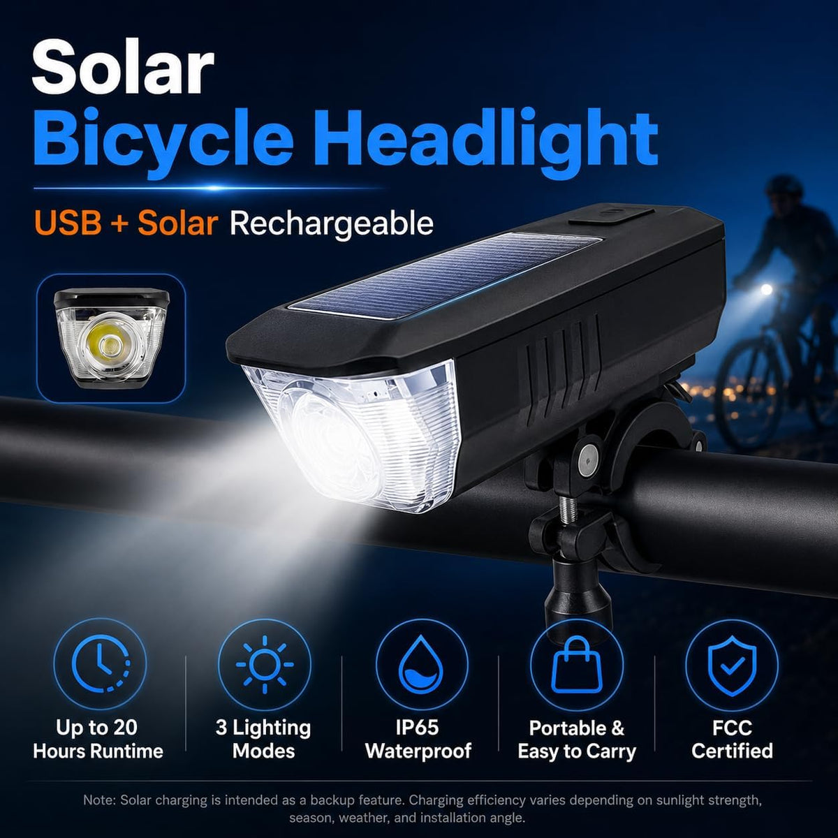 Solar USB-C Rechargeable Bike Light, Waterproof Headlight