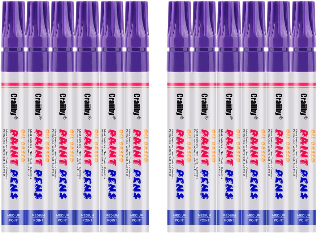 Purple Paint Markers, 12 Pack Oil-Based Waterproof Quick Dry Permanent Paint Pen Set for Rocks Painting, Wood, Fabric, Plastic, Canvas, Glass, Mugs, Metal, Tire, Stone, DIY Craft