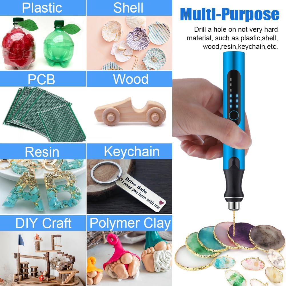 3-Speed Cordless Mini Drill Pen With 10 Small Drill Bits,Rechargeable Electric Hand Drill Pin Vise,Resin Drill Set For Jewelry Making, Resin, Plastic, Wood, Keychains DIY (BLUE)