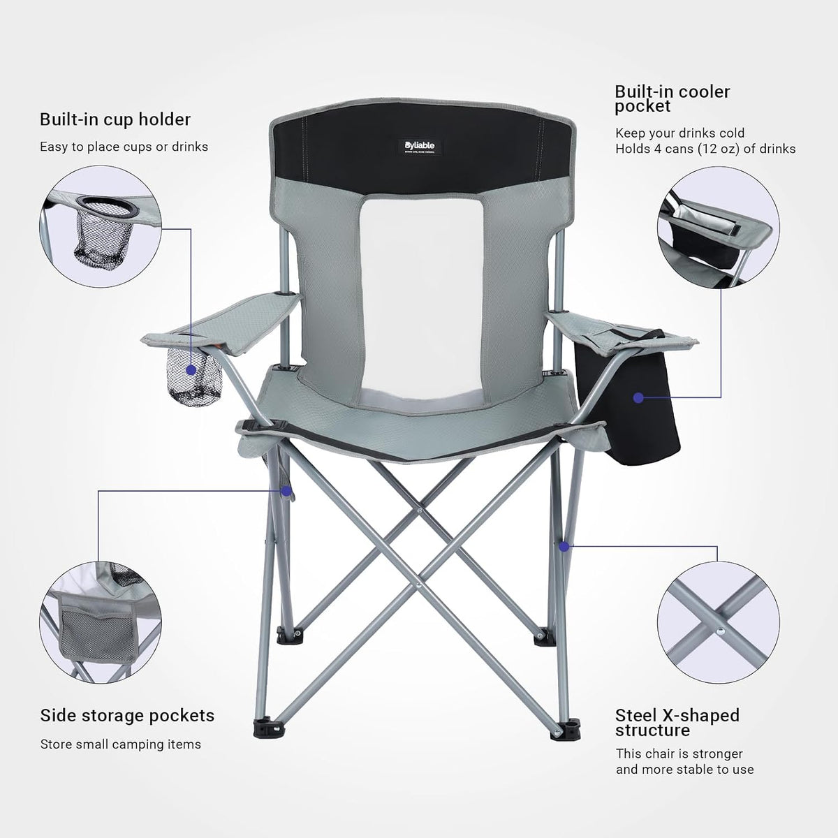 Byliable Folding Camping Chairs, Portable Lightweight Lawn Camp Chair, Gray