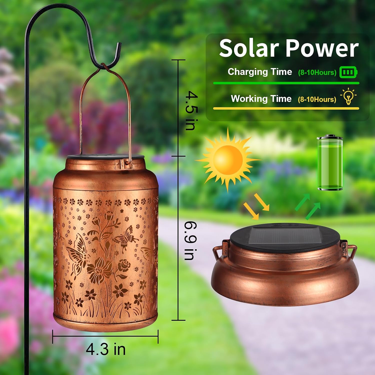 Solar Lantern Outdoor Hanging Lights Christmas Birthday Gifts for Women Mom and Grandma Butterfly Flower Metal Garden Decor Outside Waterproof LED Solar Lanterns for Patio, Yard, Pathway,