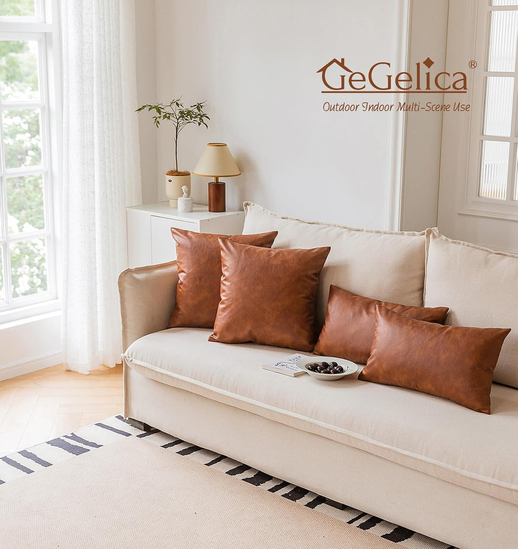 GEGELICA 12X20 Inch Brown Faux Leather Throw Pillow Covers Set of 2