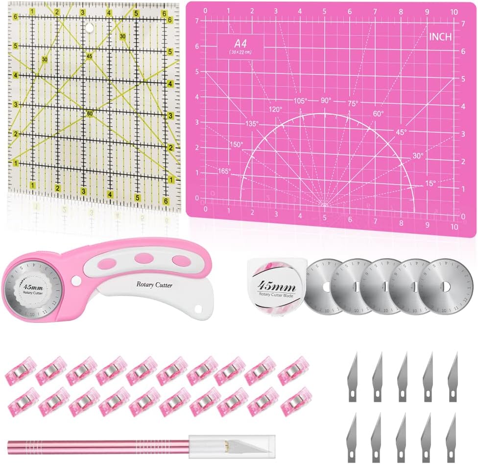 Rotary Cutter Set - Quilting Kit incl. 45mm Fabric Cutter, 5 Replacement Blades, A2 Cutting Mat, Acrylic Quilting Ruler and Sewing Clips, Craft Knife Set, Ideal for Crafting, Sewing, Patchworking
