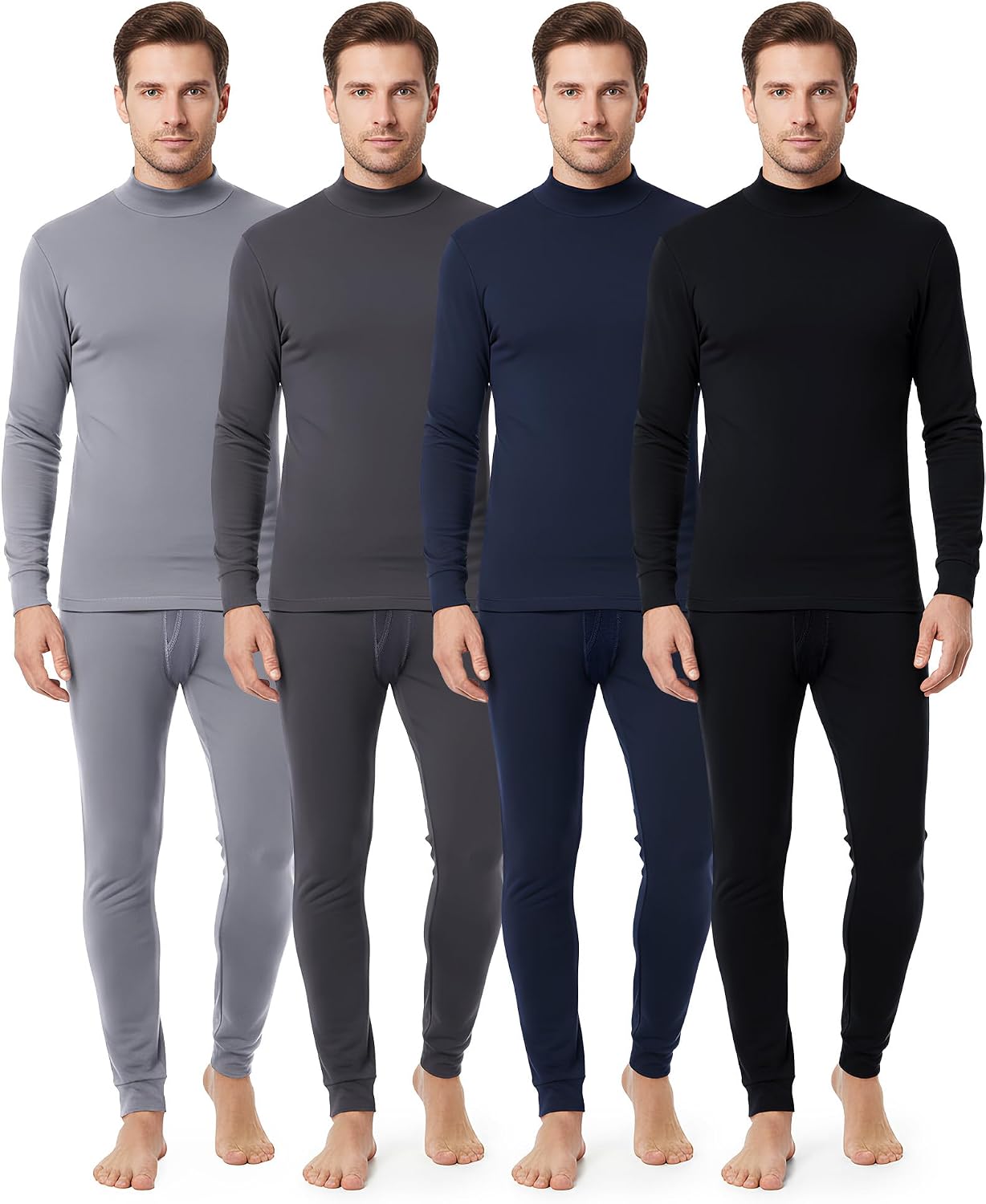 Jecery 4 Set Thermal Underwear for Men Cotton Thermals Turtleneck Underwear Warm Base Layer Top Bottom Set for Cold Weather