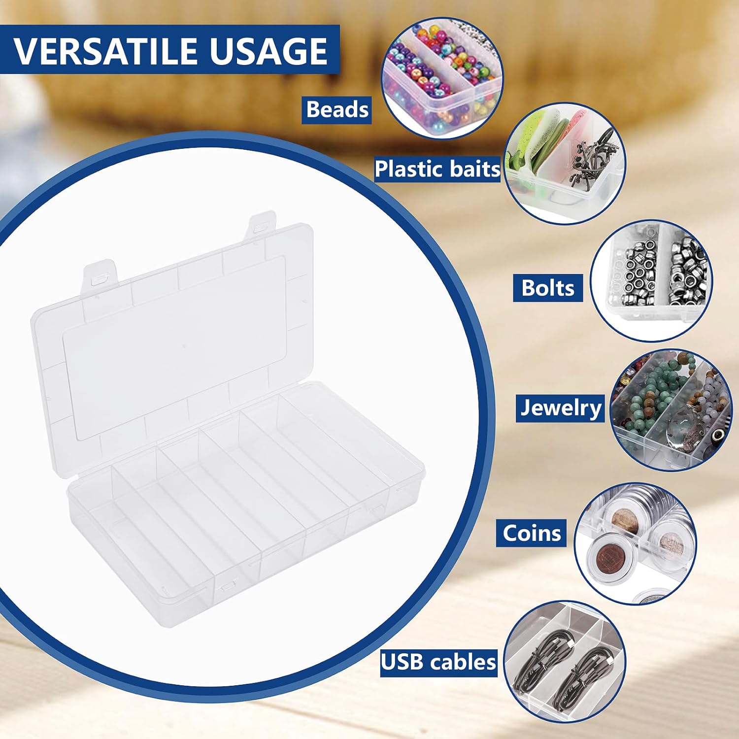 6 Pack 6 Grids Tackle Box Organizer, Clear Plastic Fishing Tackle Tray Box Board Game Storage Container Case for Crafts Beads Earrings Screws Nail Bobby Pins