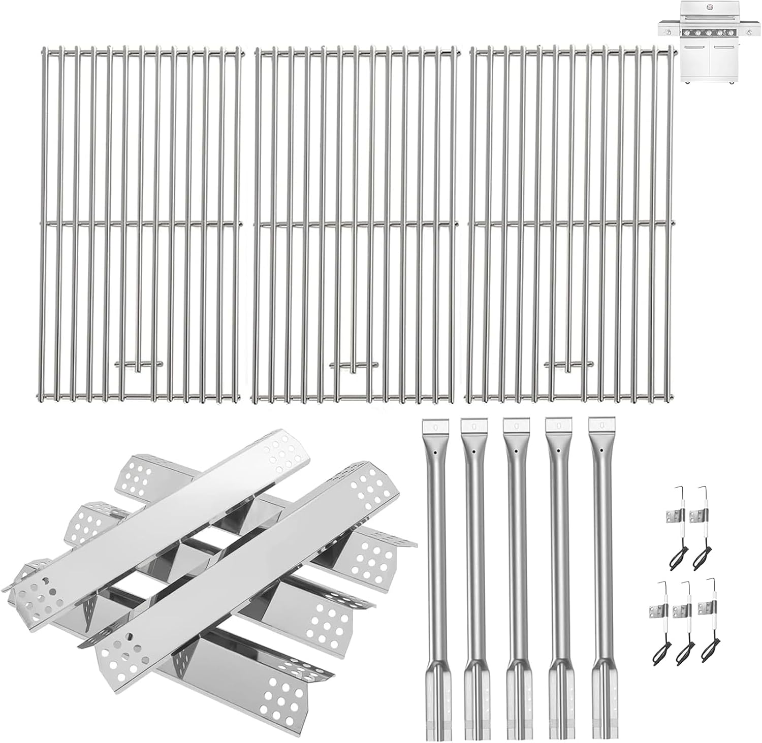 Replacement Kit for Kitchen Aid 720-0893 720-0893A 720-0893D 720-0893G, 7MM Stainless Steel Cooking Grates, Burners and Heat Plates for Kitchenaid Grill Replacement Parts 5-Burner Gas Grill
