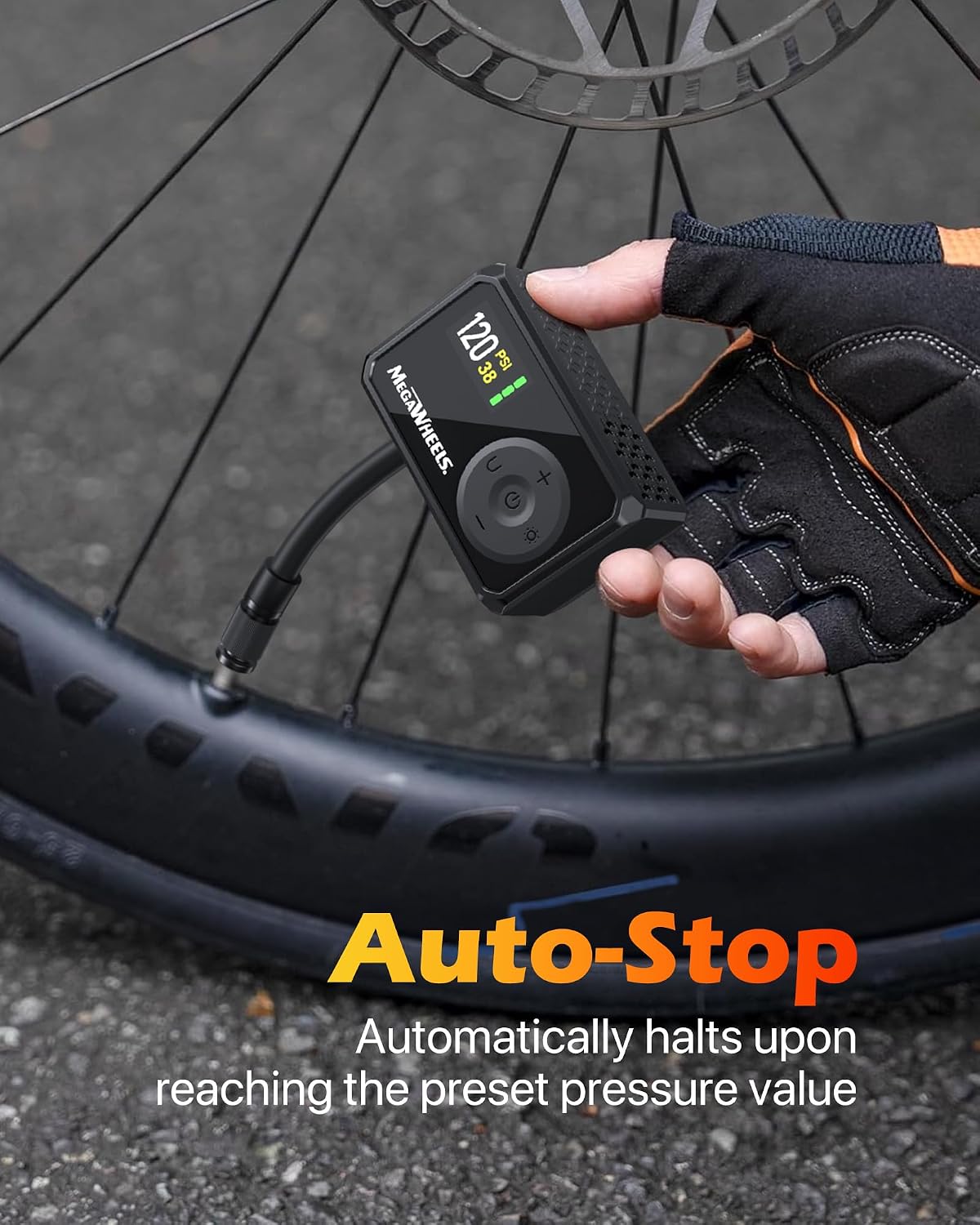 MEGAWHEELS Mini Bike Pump with Gauge, 120/150PSI Bike Tire Inflator with Presta & Schrader Valve, Portable Electric Air Pump Auto Stop, Fast Inflation for E-Bike, Mountain Bike, Scooter, Balls