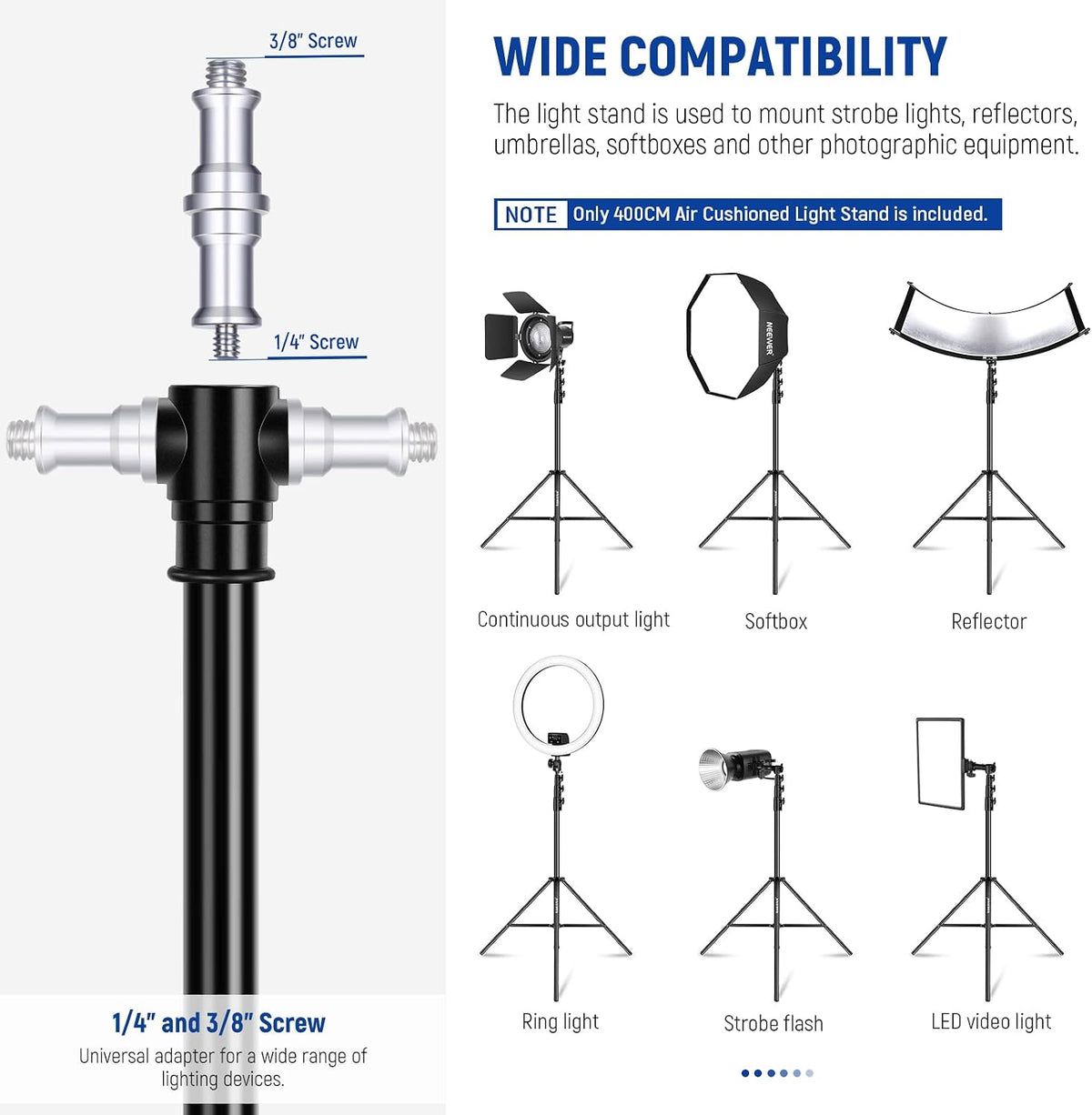 NEEWER 13ft/400cm Air Cushioned Light Stand, Heavy Duty Metal Photography Tripod Stand with 1/4” to 3/8” Reversible Screw Adapter and 3 Way Mounting Interface, Load Capacity: 6.5lb/3kg, ST-400AC